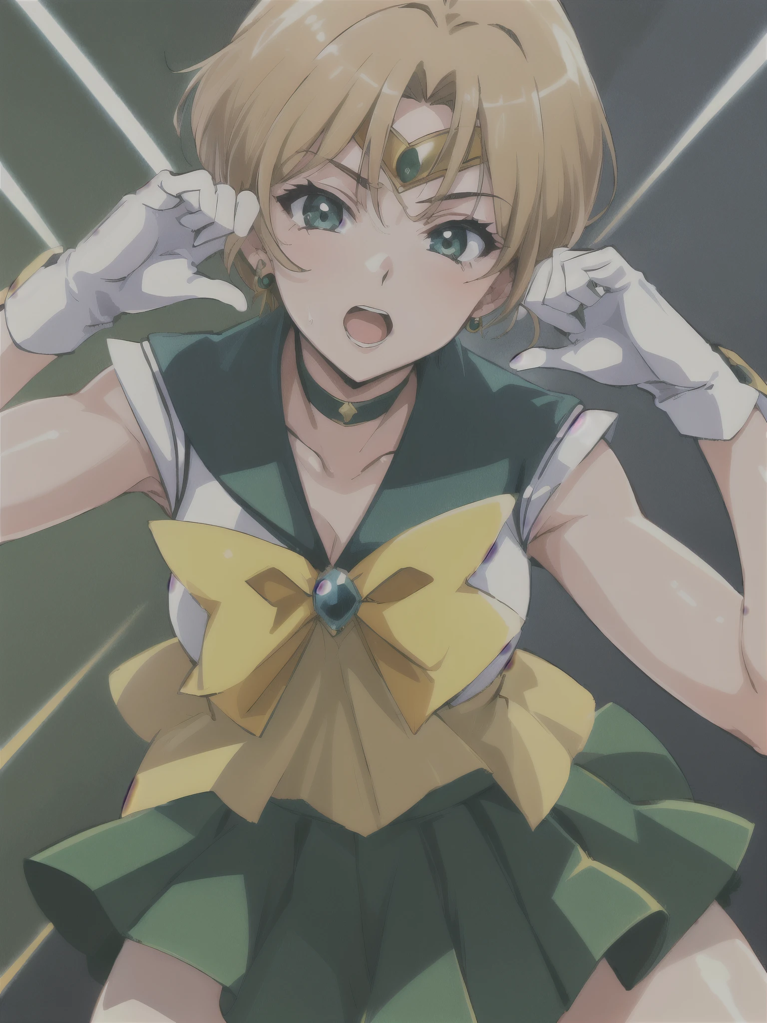 1 Girl,Tennou Haruka,( green_crew_Warrior_uniform_yellow_bow tie_green_Buck Bow_green_skirt: Costume of Sailor Uranus, skirtlift),masterpiece, high quality, 最high quality,Sexy pose, 