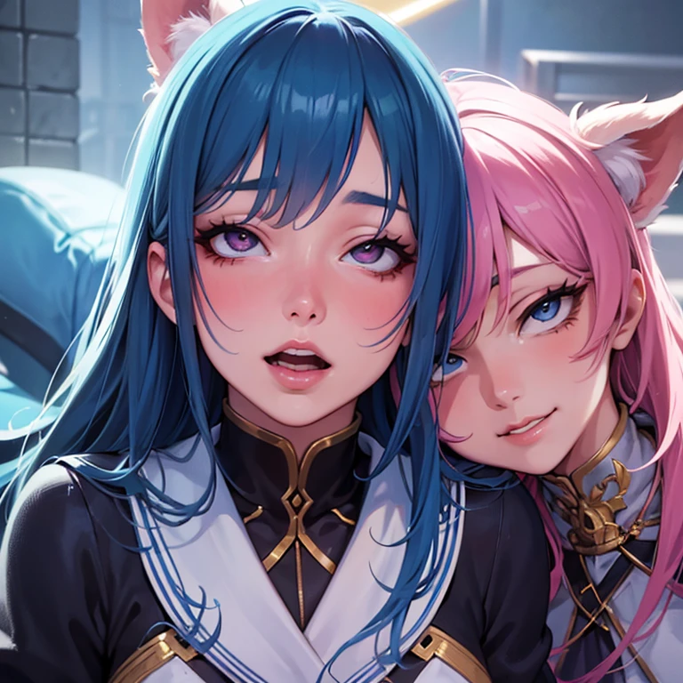(best quality,4k,8k,highres,masterpiece:1.2),ultra-detailed,(realistic,photorealistic,photo-realistic:1.37),HDR,UHD,studio lighting,ultra-fine painting,sharp focus,physically-based rendering,extreme detail description,professional,vivid colors,bokeh,portraits,landscape,horror,anime,sci-fi,photography,concept artists,cool tones,soft lighting
A description of the prompt is as follows:
"Two girls, both wearing serafuku uniforms, are the main subjects of the scene. They are depicted in a cowboy shot, with their bodies visible from the waist up. Both girls have their tongues sticking out with their eyes rolling back in an ahegao expression, giving them a playful and mischievous look. They have beautiful smiles on their faces, and their lips are detailed and captivating. The girls are shown in a slightly seductive pose, with one of them leaning against a wall. The lighting is soft, with studio lighting illuminating their faces and bodies.
The girls exhibit a variety of details to enhance the level of realism in the image. For example, their skin is rendered with ultra-fine painting techniques, creating a smooth and flawless complexion. There are droplets of sweat glistening on their foreheads, adding to the sense of realism. Their eyes are extremely detailed, with long eyelashes and vibrant colors. One of the girls is depicted with a hint of saliva on her tongue, emphasizing the playful and alluring nature of the scene. Furthermore, their hair is perfectly styled and the clothing textures are intricately portrayed, enhancing the overall level of detail in the image.
In terms of art style, the image is inspired by anime and concept artists. It combines the vibrant colors and dynamic poses commonly seen in anime with the attention to detail and realism characteristic of concept art. The overall color tone is cool, with a slight emphasis on blue and purple hues, creating a dreamy and captivating atmosphere.
The image is of the highest quality, with a resolution of 4K or