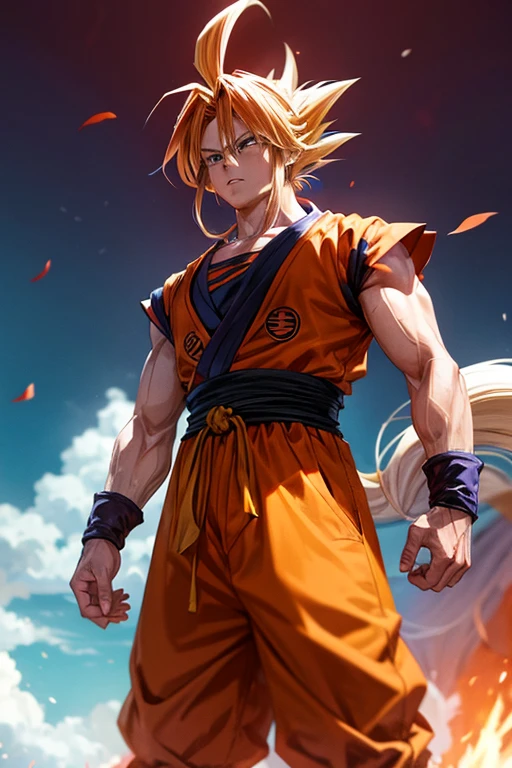 genera una imagen tipo anime de goku en modo super sayayin face 3 pelo largo y rubio