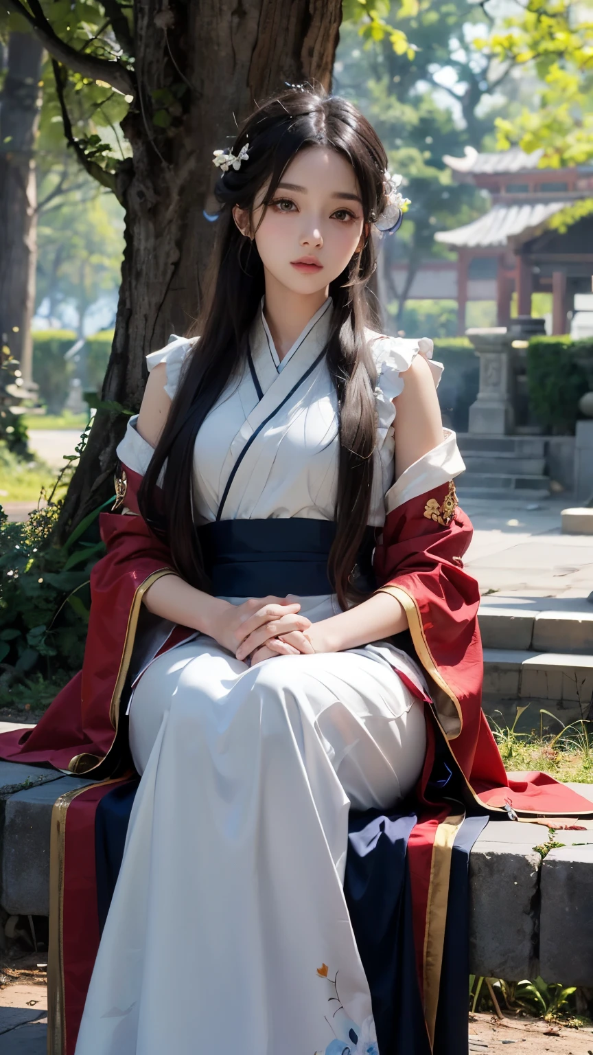 ((best quality)), ((masterpiece)), (detailed), perfect face, anime girl sitting on a tree branch with a fan in her hand, palace , a girl in hanfu, flowing hair and long robes, beautiful anime girl, beautiful anime woman, anime girl with long hair, flowing magical robe, cute anime waifu in a nice dress, goddess of spring, heise jinyao,