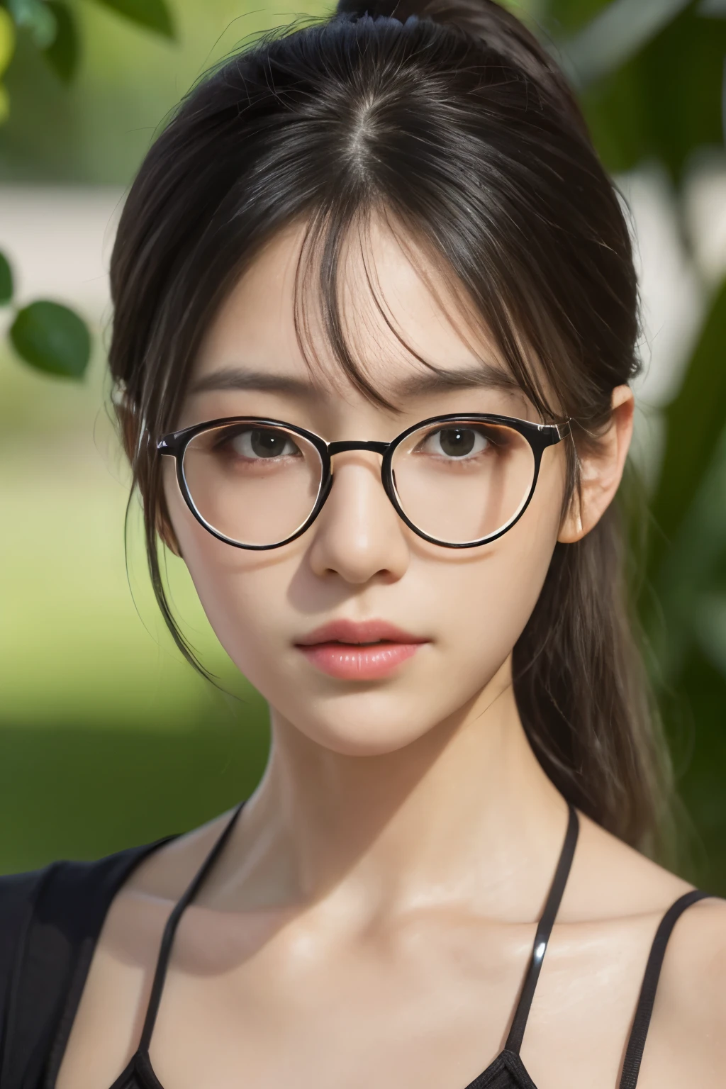 Generate with SFW, ((Face close-up)), (highest quality:1.4), (Realistic:1.5), (Super realistic:1.5), High resolution 32k UHD, (masterpiece:1.2), (Improvement of quality:1.4), (very beautiful facial details), (Highest quality realistic skin texture:1.4), 1woman, Japanese women, ((black rimmed glasses)), black camisole, Highly detailed face, Symmetrical eyes, Beautiful Eyes, (Clear Eyes), (detailed eyelashes), (Highly detailed lips), (tired, Sleepy and satisfied:0.0), There is strong backlighting., Shiny black hair, hanging bangs, ponytail, Slim figure,