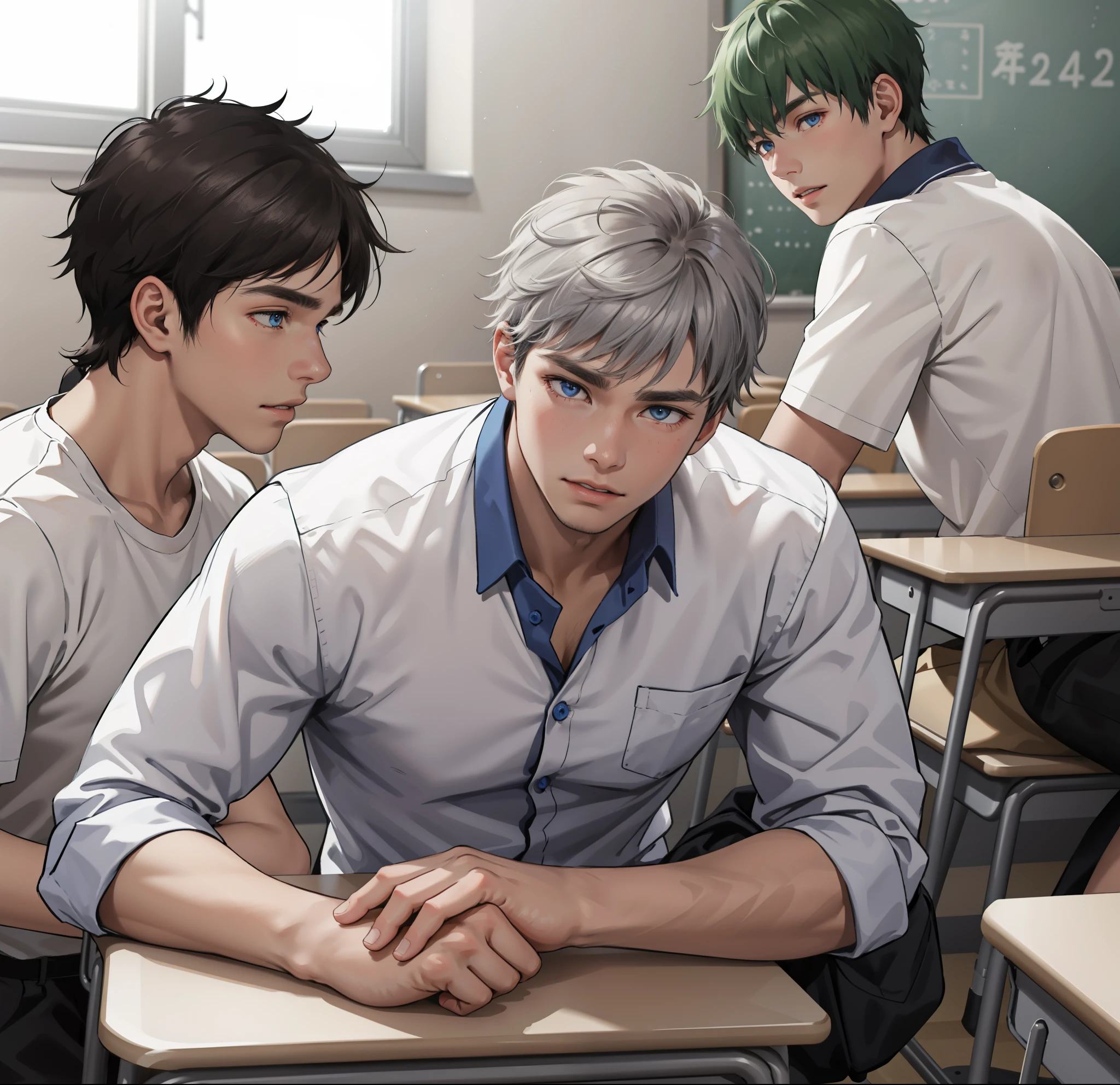 Male adolescents of 15 years with brown Latin skin and gray hair, blue eyes, white shirt are in the school classroom talking something