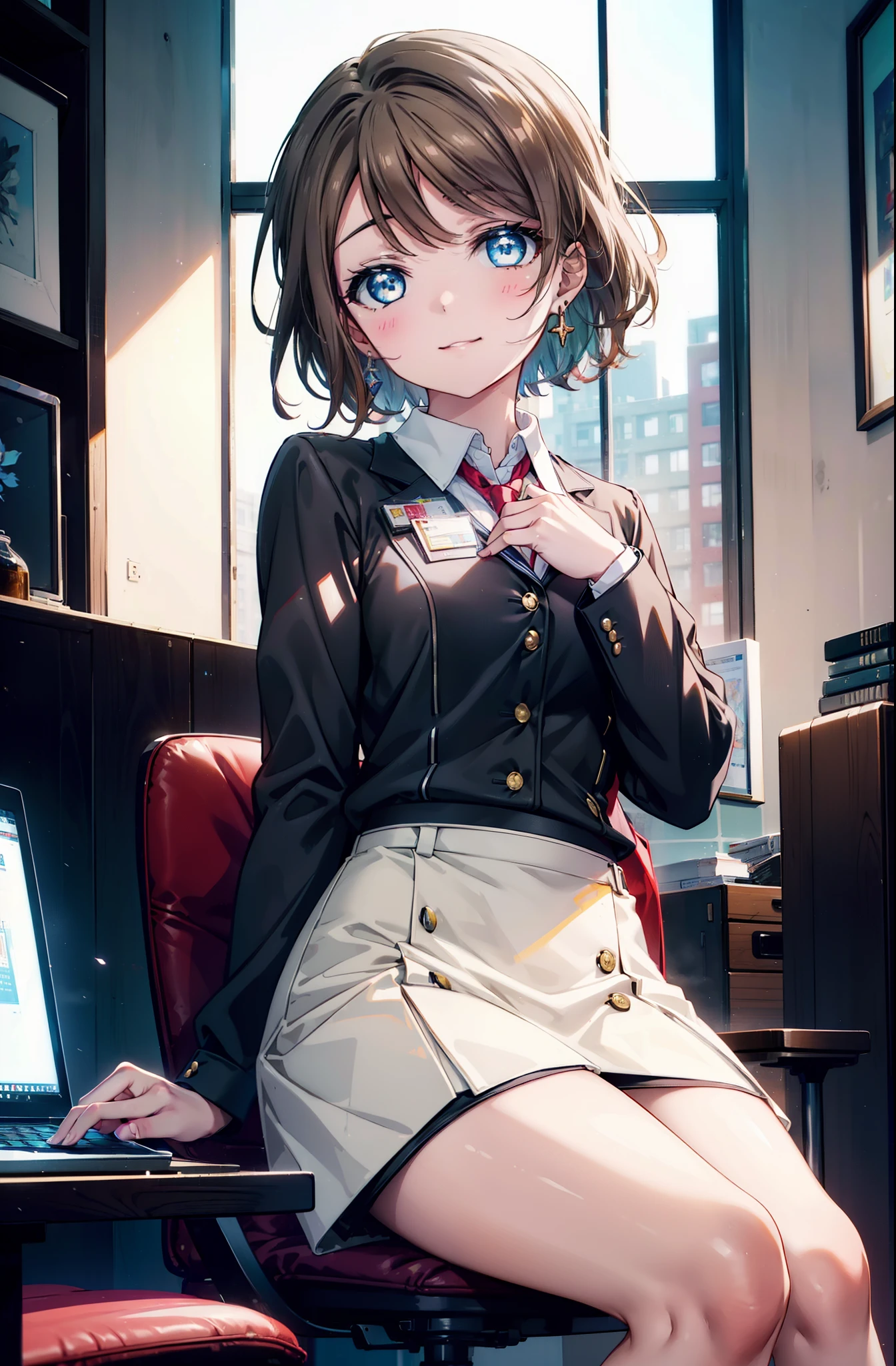 Yowatanabe, Mr.. Watanabe, short hair, blue eyes, brown hair, smile, happy smile, smile, Open your mouth,OL, Red glasses, end, black suit jacket, collared jacket, White dress shirt, Collared shirt, Neckline, button, strap, ID card on the neck, Black pencil skirt, Black Pantyhose, Stiletto heels,sitting cross-legged on a chair,There is a computer on the table,touch typing,interior,As if your whole body is in the illustration,Daytime,快晴
break indoors, office,
break looking at viewer, (Cowboy Shot:1.5),
break (masterpiece:1.2), highest quality, High resolution, unity 8k wallpaper, (shape:0.8), (Fine and beautiful eyes:1.6), Highly detailed face, Perfect lighting, Highly detailed CG, (Perfect hands, Perfect Anatomy),