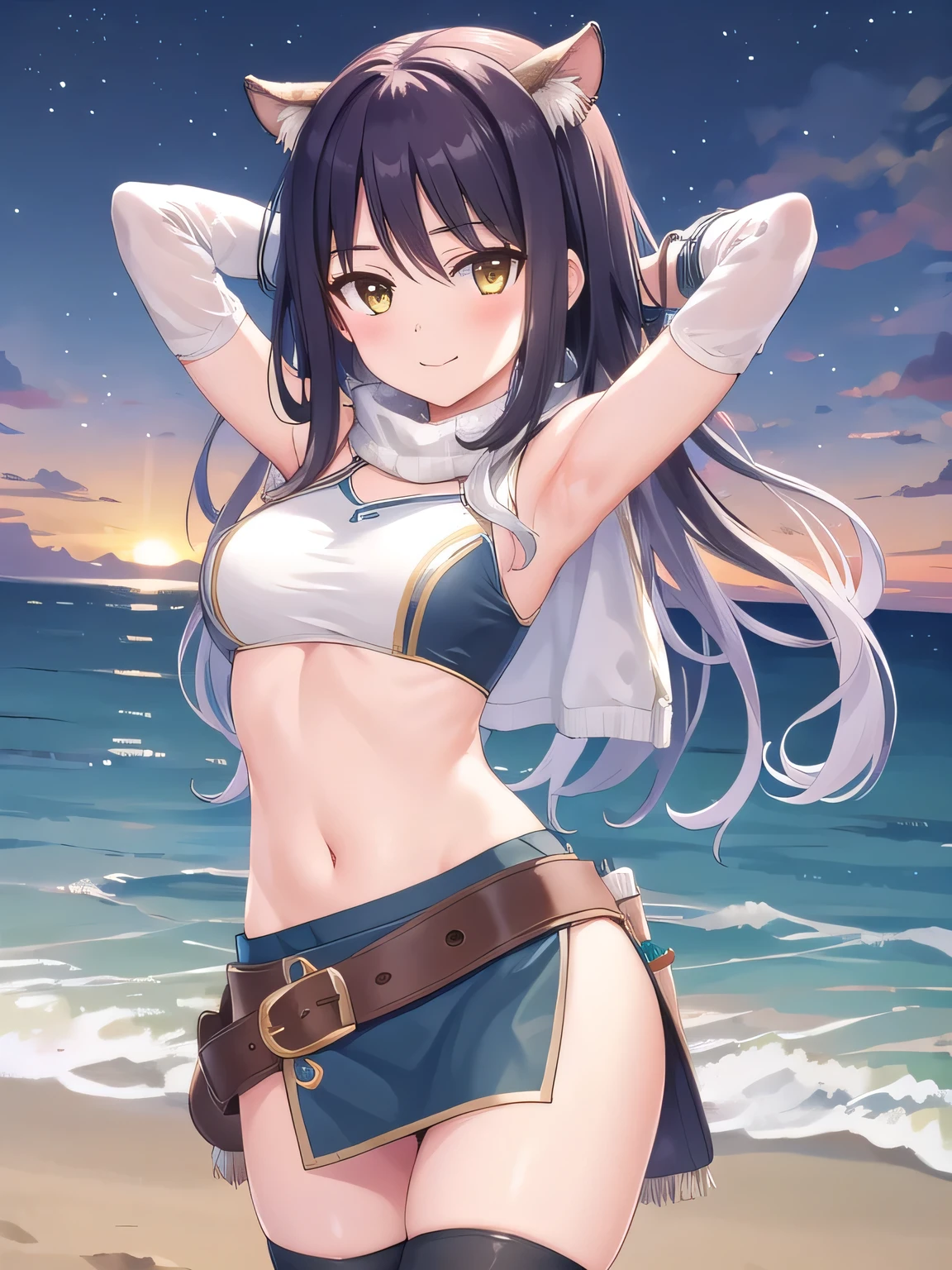 1girl, long hair, boots, thighhighs, midriff, skirt, crop top, quiver, bare shoulders, thighhighs under boots, bangs, gloves, belt, navel, breasts, vambraces, miniskirt, fingerless gloves, blush, Shiori, solo, night sky, beach, arms behind head, {contrapposto}, spread armpits, closed mouth, smile, (cowboy shot:1.5),