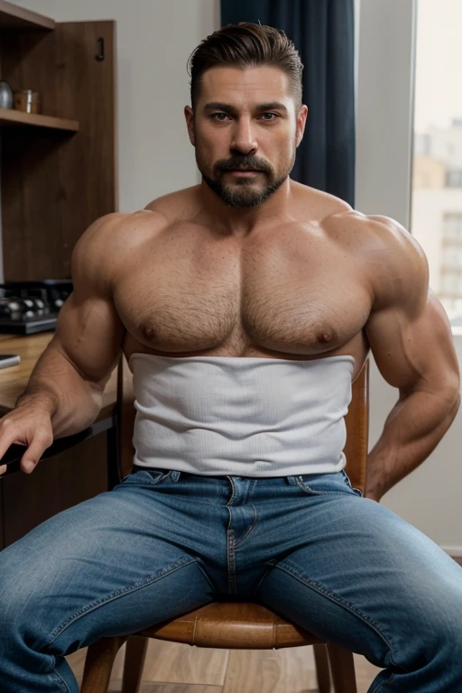 an incredibly handsome and attractive young man with big muscles, con bigote y barba corto, mustache, beard, Big muscular body , 40 years old with short dark blonde hair and light brown eyes., cuerpo completo, muy nalgon, angular jaw, Alto y muscular, vaqueros & Botas. Naked blue white Jeans sitting on a chair frontal view