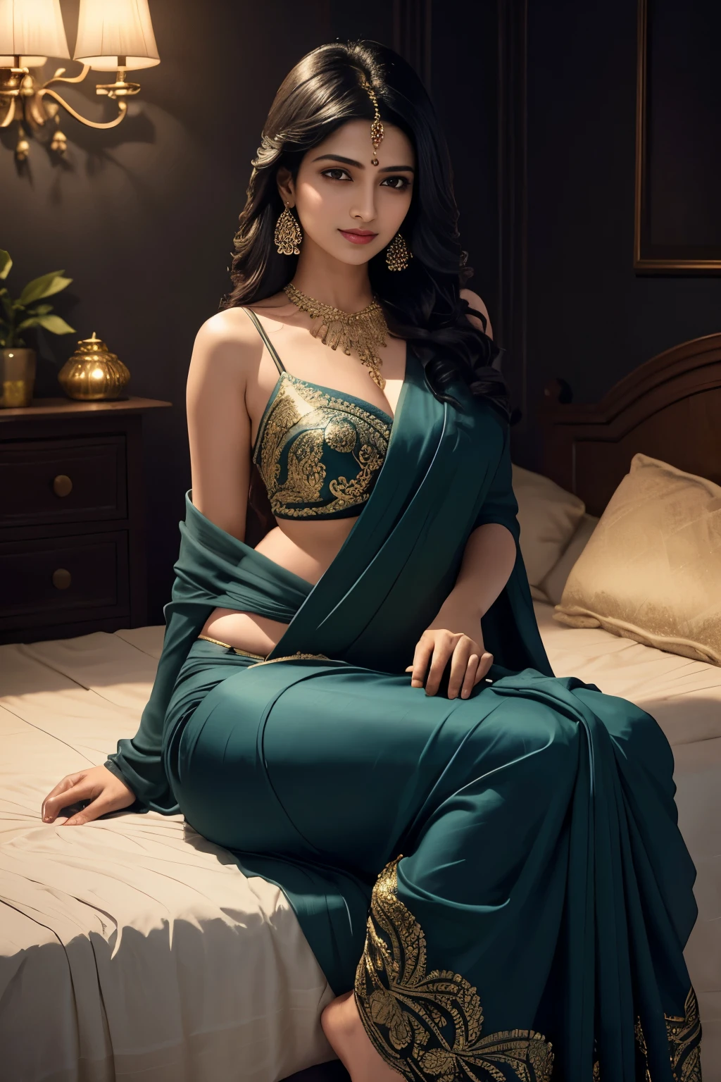 In the dimly lit room, a 25-year-old Indian Bhabhi lies asleep on the bed, enveloped in the soft folds of a black saree. The intricately designed border of the saree glimmers gently in the low lighting, casting a soothing ambiance around the scene. Bhabhi's fair complexion contrasts beautifully with the darkness of the room, and her peaceful rest is apparent in the small, contented smile that graces her lips. Her graceful figure, with a slender waist and well-proportioned curves, adds an alluring charm to the image. The serene atmosphere is further accentuated by the tranquil surroundings - a