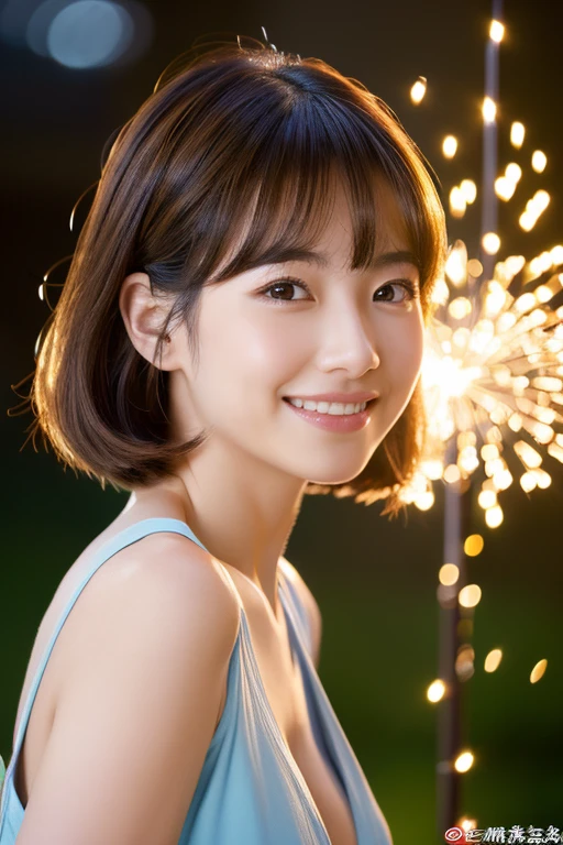 (masterpiece:1.3), (8K, Photorealistic, Raw photo, Best image quality: 1.4), Japanese female university student、(Random hairstyle:1.2)、Cleavage:1.2、Super detailed face、Eye for details、double eyelid、Chest to chest、Sharp focus:1.2、Beautiful woman:1.4、Light brown hair、highest quality、masterpiece、超A high resolution、(Photorealistic:1.4)、非常に詳細でプロフェッショナルな照明のsmile、thin、smile、Short-haired、Fatal position large breasts:1.3、Wearing a kimono、firework、night