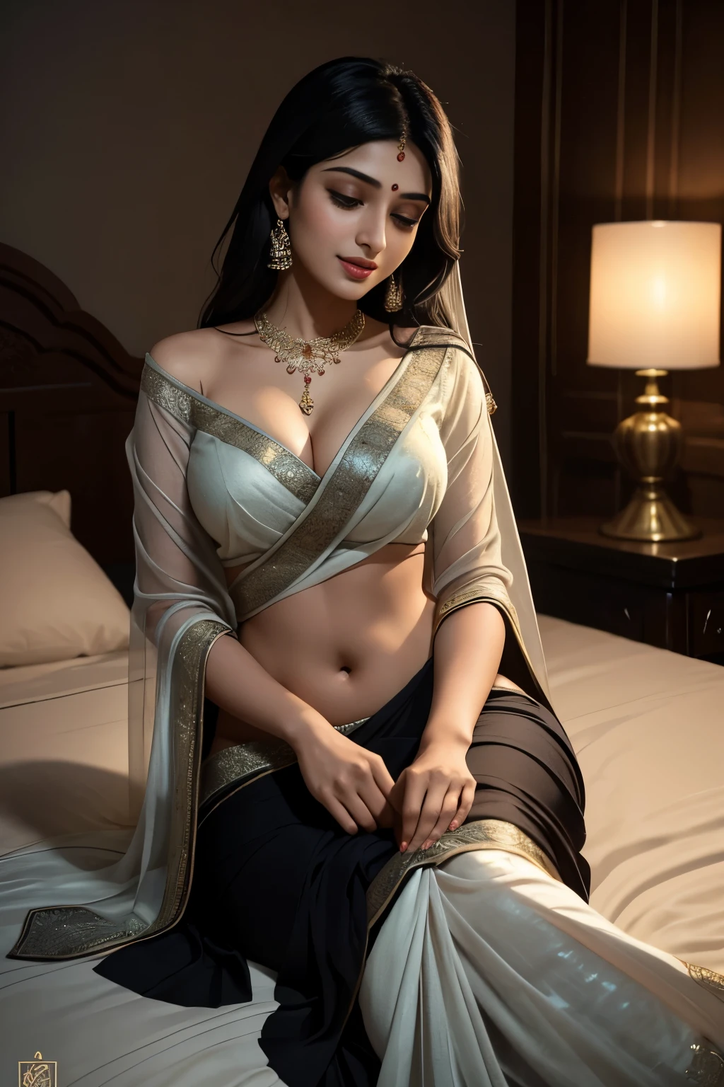 In the dimly lit room, a 25-year-old Indian Bhabhi lies asleep on the bed, enveloped in the soft folds of a black saree. The intricately designed border of the saree glimmers gently in the low lighting, casting a soothing ambiance around the scene. Bhabhi's fair complexion contrasts beautifully with the darkness of the room, and her peaceful rest is apparent in the small, contented smile that graces her lips. Her graceful figure, with a slender waist and well-proportioned curves, adds an alluring charm to the image. The serene atmosphere is further accentuated by the tranquil surroundings - a