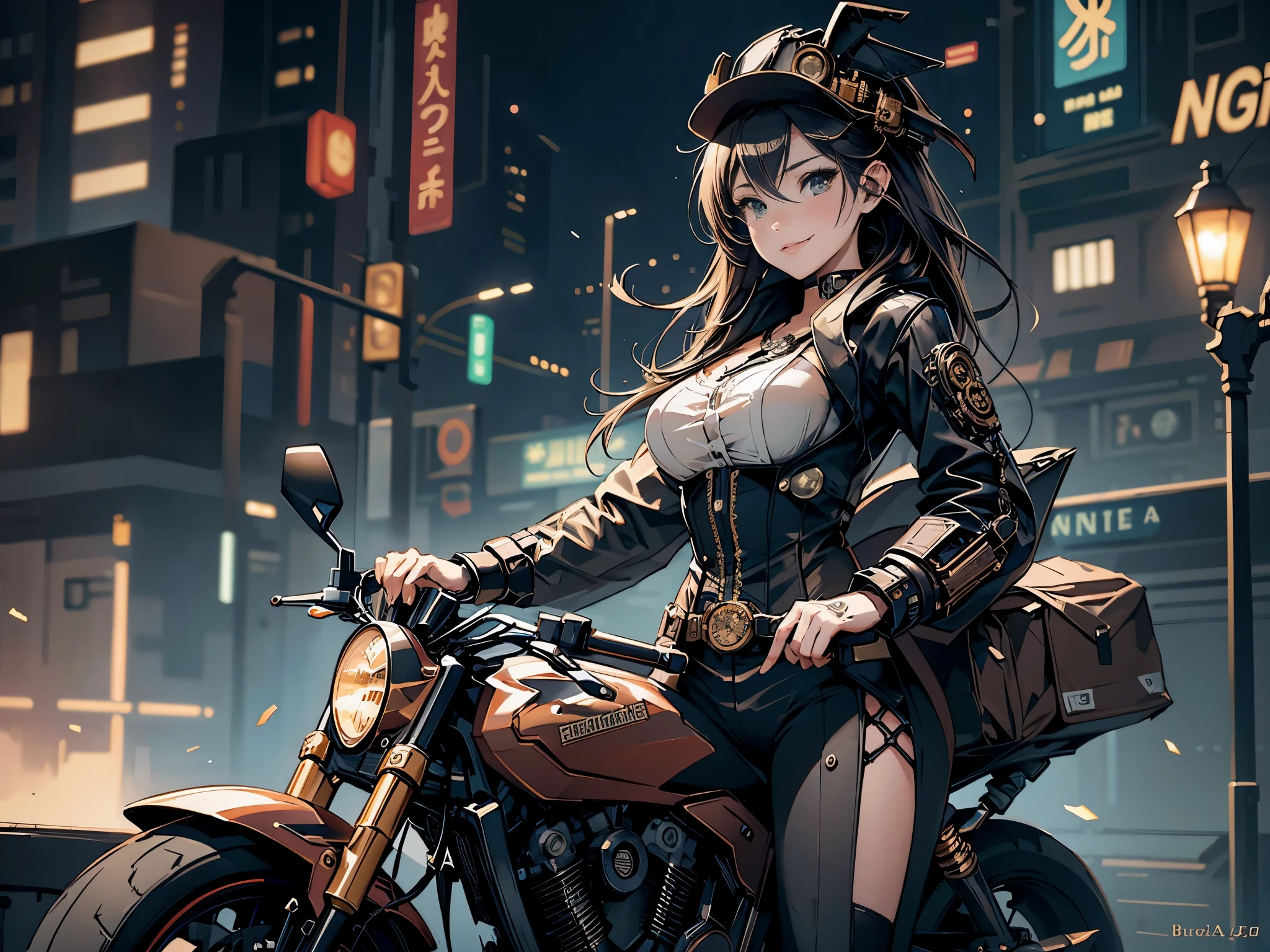 (Line art_anime),(Cowboy Shot, highest quality, ),(Laura Budd Photos:1.2),(Laura Add Details:1.0),8K, Flat Color:0.8,Dynamic Angle,1 girl,smile、(On a steampunk motorcycle:1.5)、An elaborately decorated motorcycle、(Highly decorative and complex mechanical steampunk fashion, lace flare dolphin hat、goggles 1.5、machinery background、Gear background、Intricately mechanized steampunk cityscape 1.5),