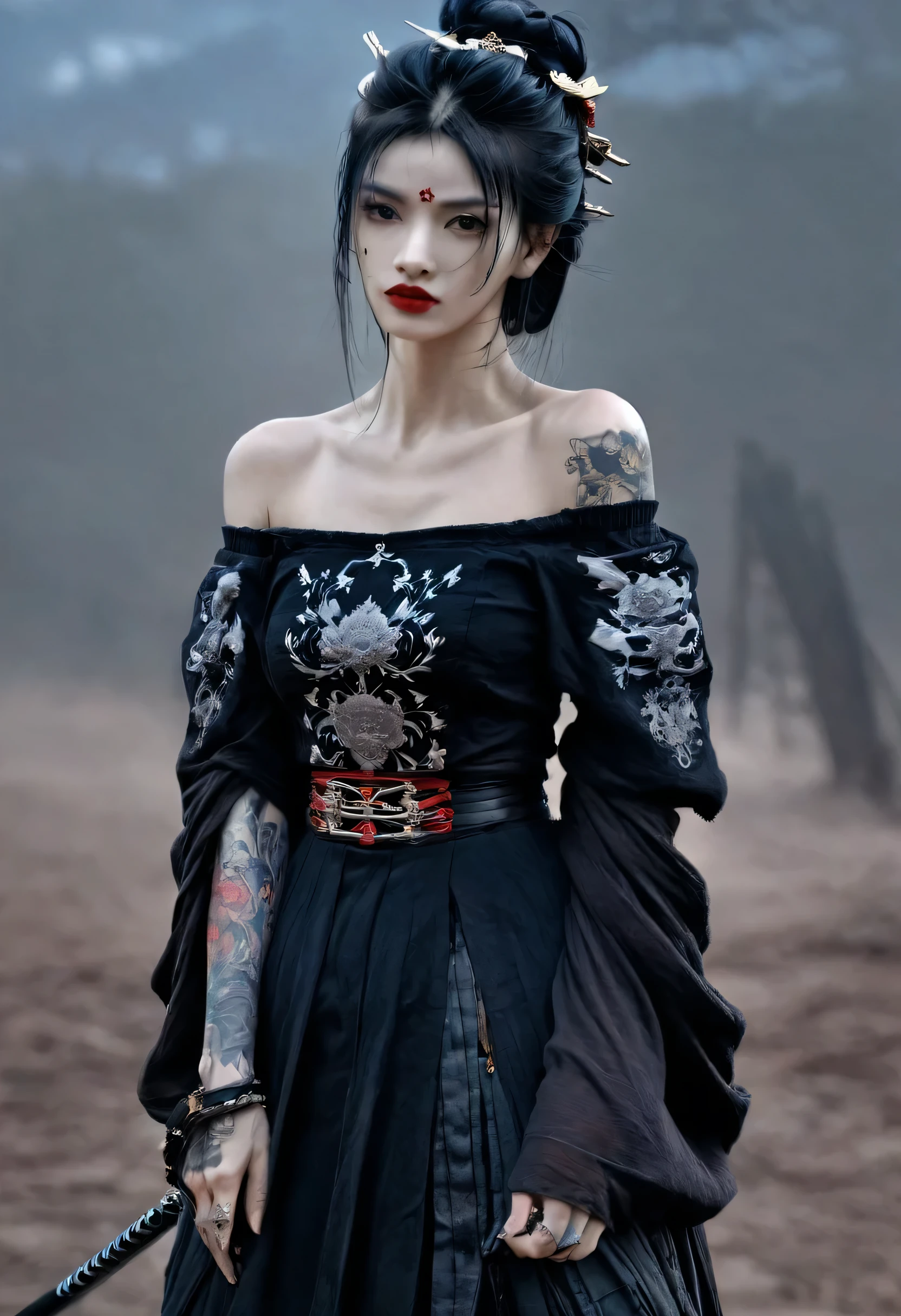 best quality, masterpiece, ultra high res, photorealistic, 1girl, offshoulder, a samurai girl half cyborg, gothic outfit, with tatto, red lip, full body, dynamic pose, gloomy battlefield background, dark fantasy, horror vibe. gogeous hairstyle, dreamy gothic girl