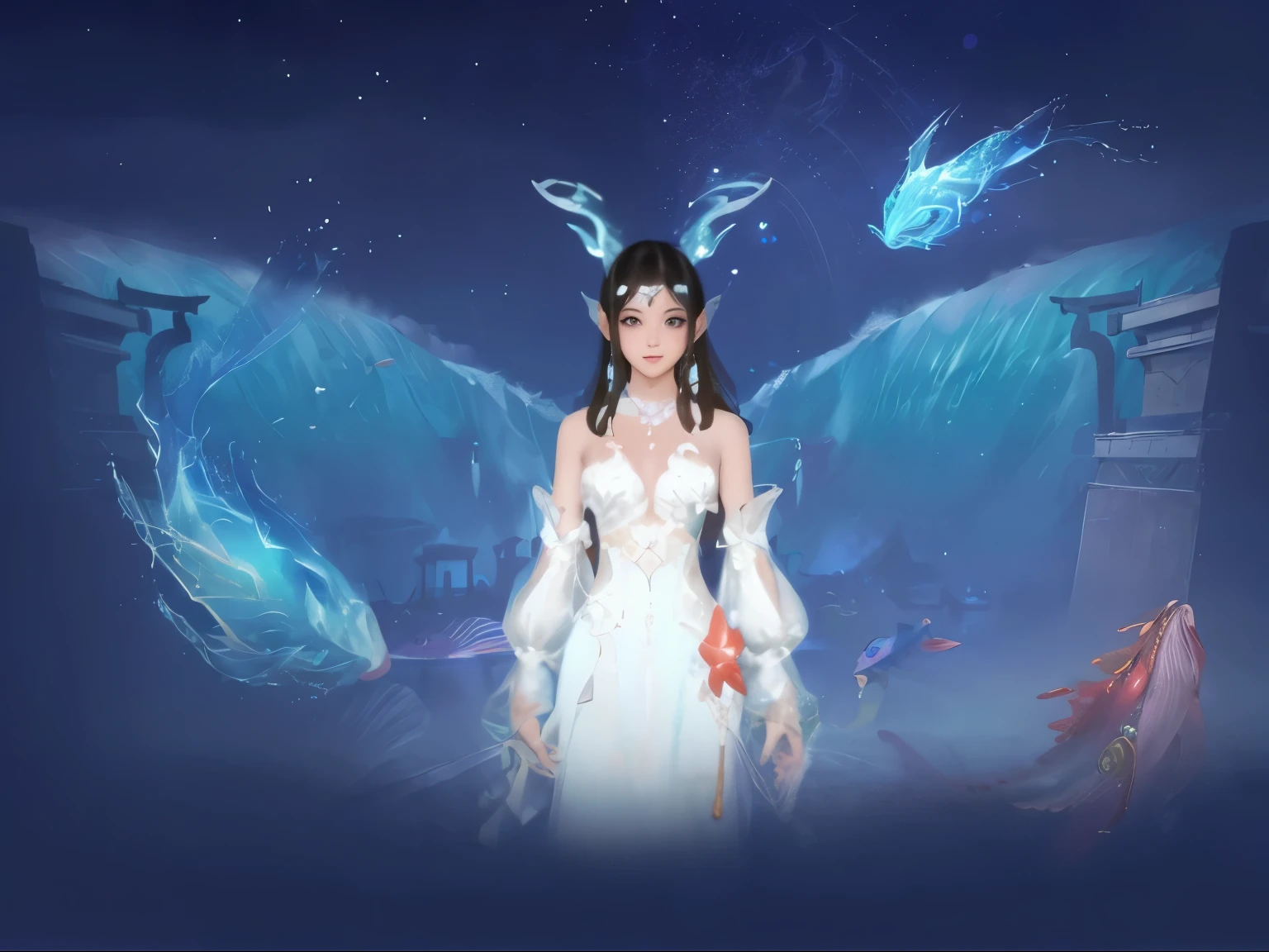 masterpiece，A girl standing in the middle，Surrounded by water and fish，magic style，League of Legends design style，High quality details，8K