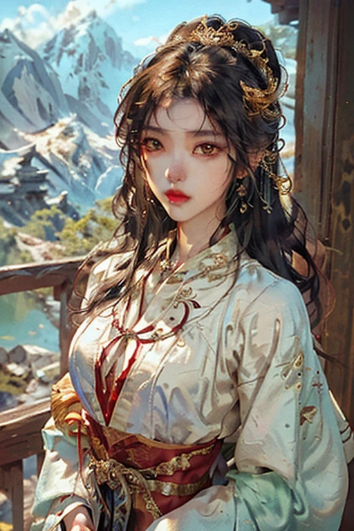 (Masterpiece, Color: 1.0), (Highest Quality: 1.2), (Ultra Quality: 1.1), Masterpiece, Best Quality, Dream Background, Gorgeous Headgear, Award Winner, (Very Detailed CG Unity 8k Wallpaper), (High Detail), (Best Illustration), (Best Shadow), Realistic Lighting, Hanfu Costume Girl, Girl Portrait, Gauze Dress, Jewelry, Red Lips, Beauty, Big Eyes Golden Sea of Clouds, Surrounded by Kunlun Mountains, Fairy maiden, Motion Blur, Film Lighting, Best Quality, 4K