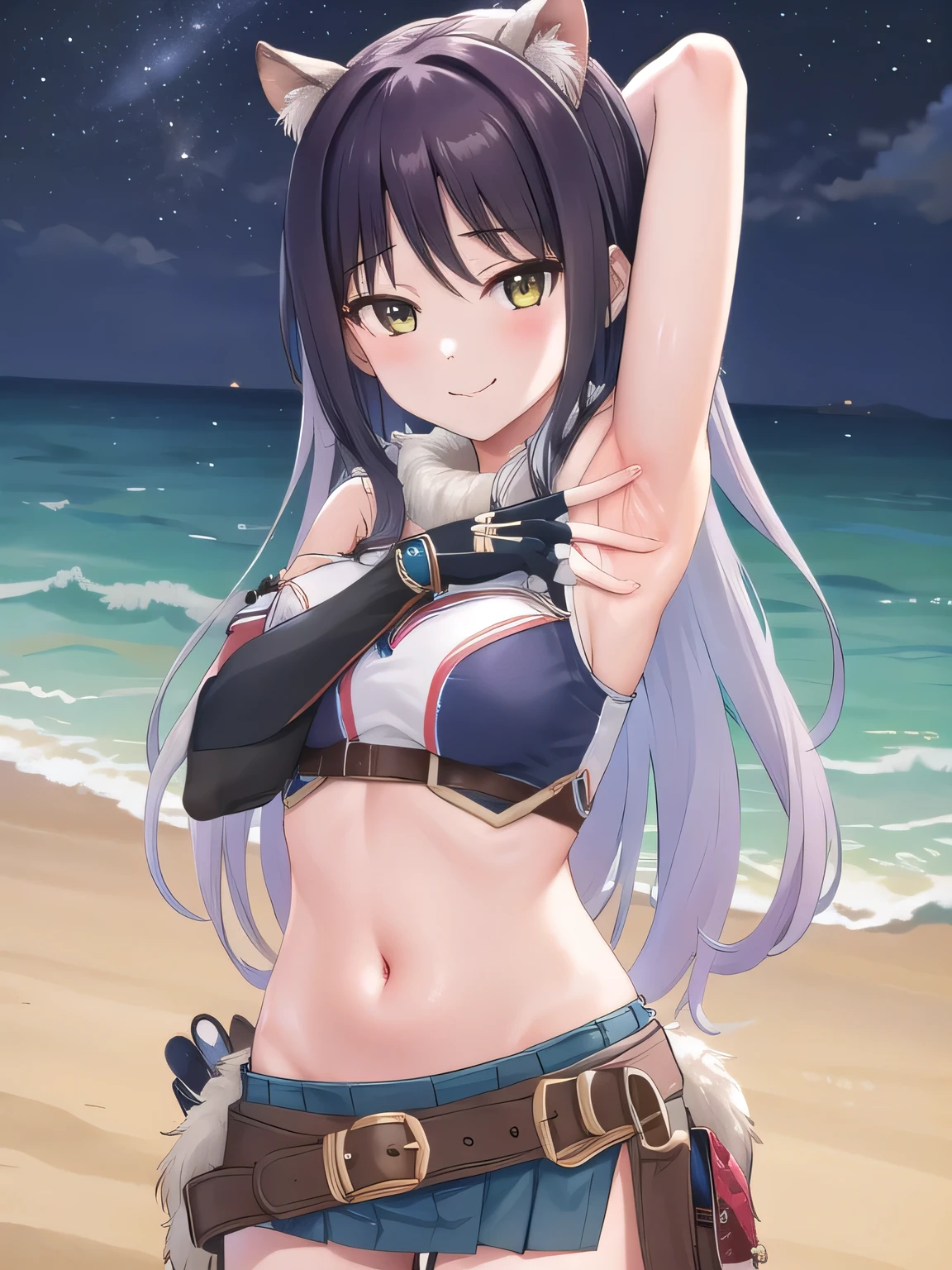 1girl, long hair,  thighhighs, midriff, skirt, crop top, quiver, bare shoulders, thighhighs under boots, bangs, gloves, belt, navel, breasts, vambraces, miniskirt, fingerless gloves, blush, Shiori, solo, night sky, beach, arms behind head, contrapposto, spread armpits, closed mouth, smile, upper body,