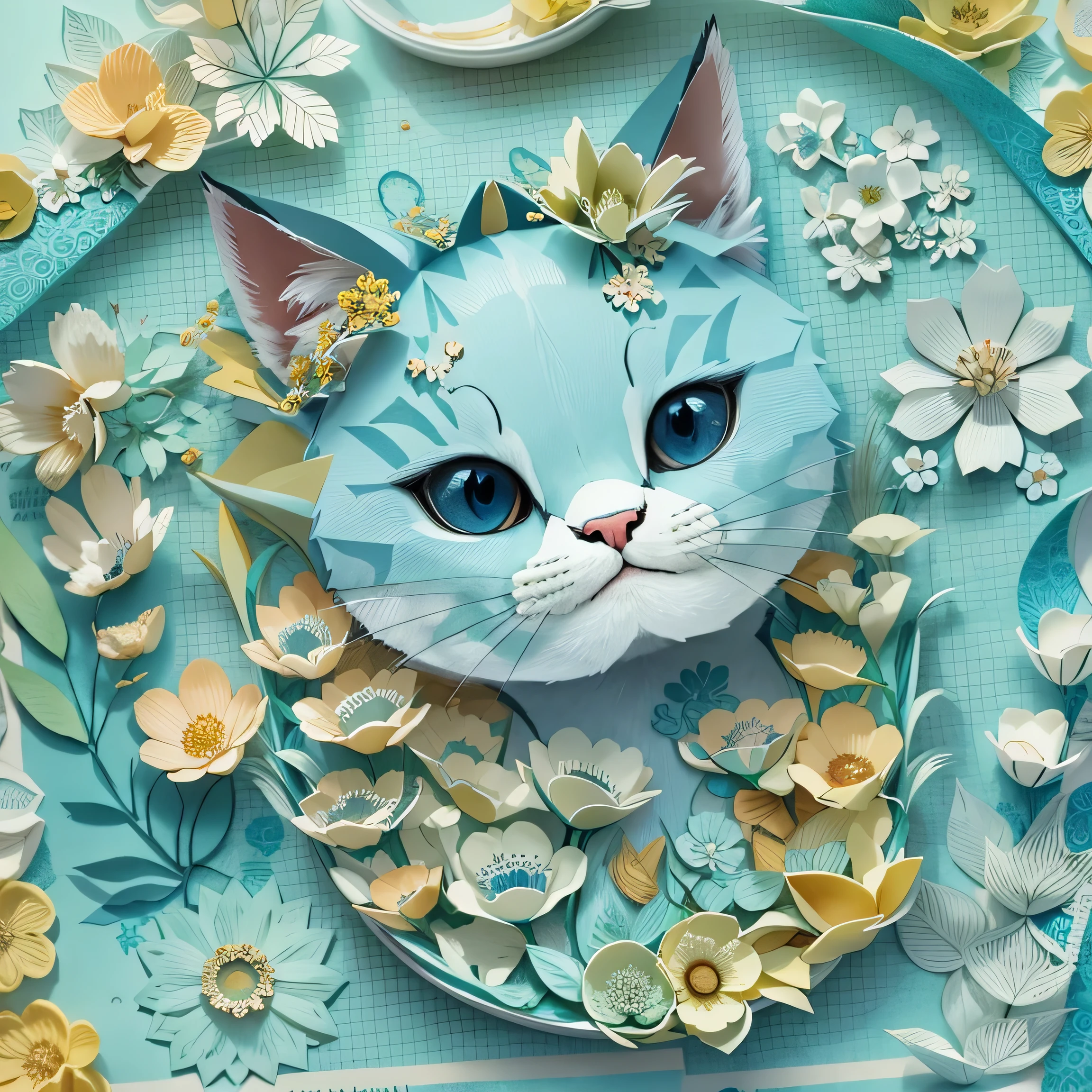 There is a cut-out cat with flowers on a blue background., Paper Art, Made of paper, layered Paper Art, Paper Art, Cat Details, Cute and detailed artwork, Made of paper, Paper cutting art, Cute and detailed digital art, Cat Design, made of flowers, rivuletPaper Art, Paper collage art, Detailed digital 3D art, paper craft