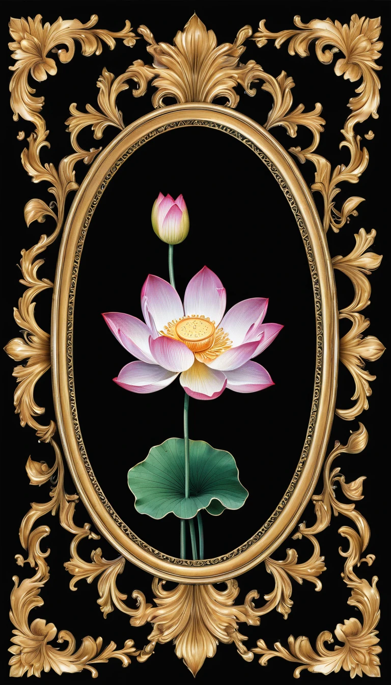 Black background with a small baroque frame in the middle, a lotus flower