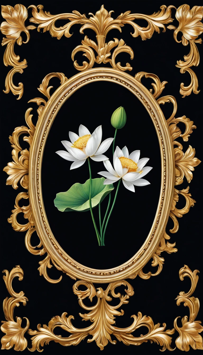 Black background with a small baroque frame in the middle, a lotus flower