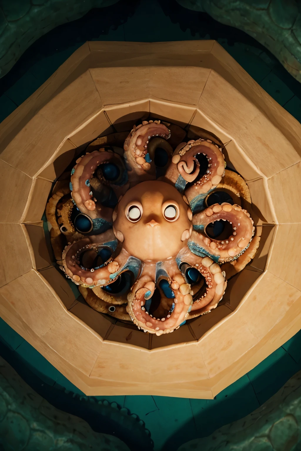 cartooned octopus viewed from top arranged in an octagonal shape under the sea