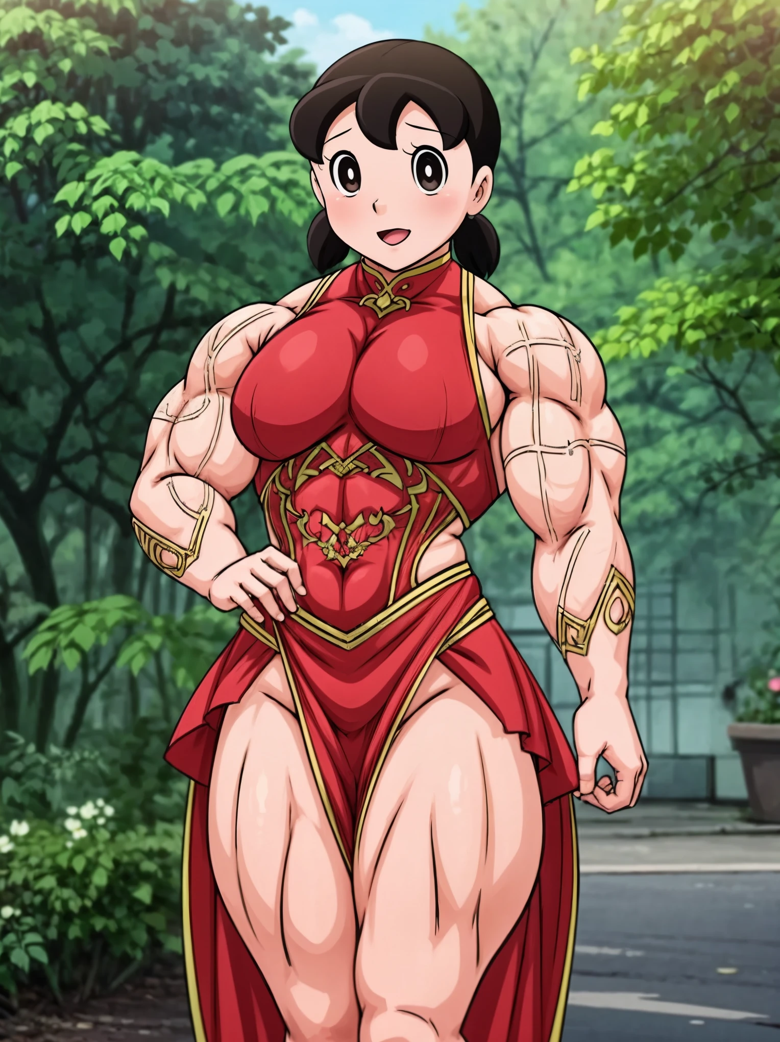 In a beautiful countryside, under the warm sunlight, stands Shizuka Minamoto, a big muscular female bodybuilder. Her toned muscles glisten with sweat as she confidently poses in front of a blooming garden. Her body is a masterpiece of strength and determination, adorned with bulging biceps, defined six-pack abs, and powerful legs. Shizuka's eyes sparkle with determination and focus, while her lips form a determined smile. Her long eyelashes add to her overall beauty and charm. The artwork depicts Shizuka in a hyper-realistic style, resembling a high-resolution photograph. Every detail of her physique is captured with extreme precision, showcasing the dedication and hard work she has put into her training. The lighting in the scene highlights her muscular contours, creating a visually striking composition. The garden surrounding Shizuka is filled with vibrant colors, with flowers of various hues and shades. The lush green grass provides a natural and refreshing backdrop. The scene is bathed in warm, golden sunlight, casting soft, cascading shadows across the landscape. The overall color tone of the image is vivid and vibrant, enhancing the energetic atmosphere. The medium used to create this artwork is a combination of traditional illustration and digital painting techniques. The fine details and textures of Shizuka's muscles are painstakingly hand-drawn, while the background and foliage are digitally rendered for a realistic and immersive experience. The result is a visually stunning artwork that showcases the beauty and strength of the human body. In summary, the Stable Diffusion prompt for this artwork is: Shizuka Minamoto, big muscular female bodybuilder, beautiful countryside, confident pose, bulging biceps, defined abs, powerful legs, determined eyes and lips, long eyelashes, hyper-realistic, high-resolution, vibrant colors, warm sunlight, detailed muscles, traditional illustration combined with digital painting, realistic foliage, vivid and vibrant color.