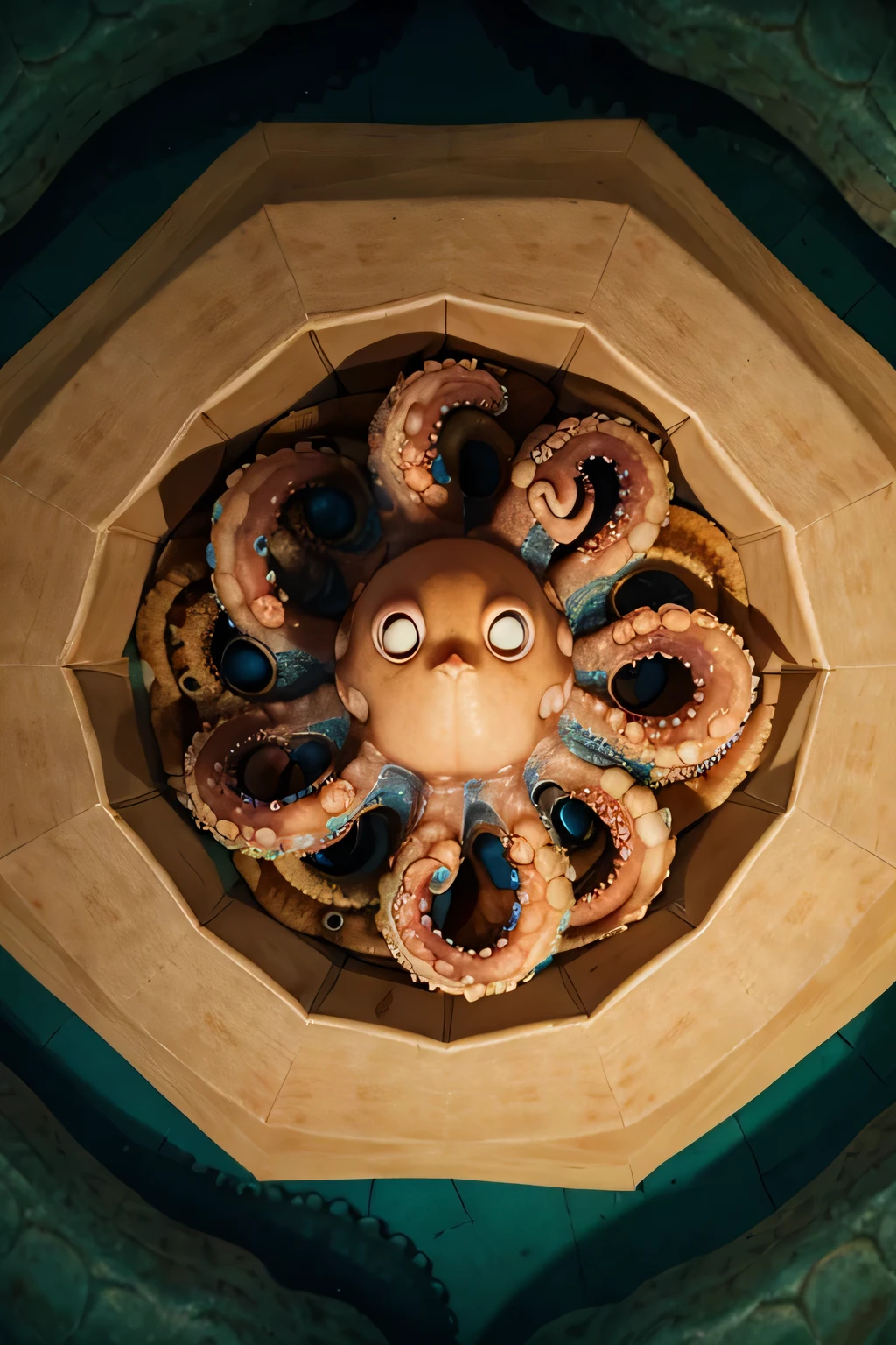 cartooned octopus viewed from top arranged in an octagonal shape under the sea