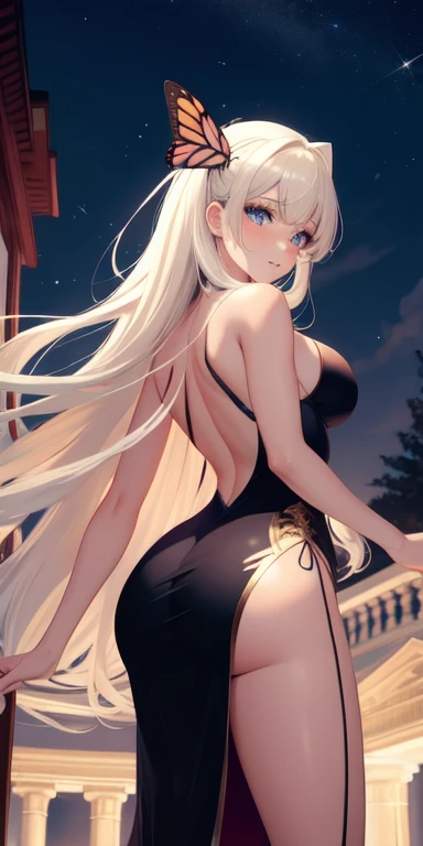 (work of art), (masterpiece), (best quality), a black headed girl, (blue eyes), without clothes, big , showing beautiful backside, backside, brightly lit night city background, red bow, butterflies in golden circle, flowing hair , but g , full figure head to toes , standing beside poles 