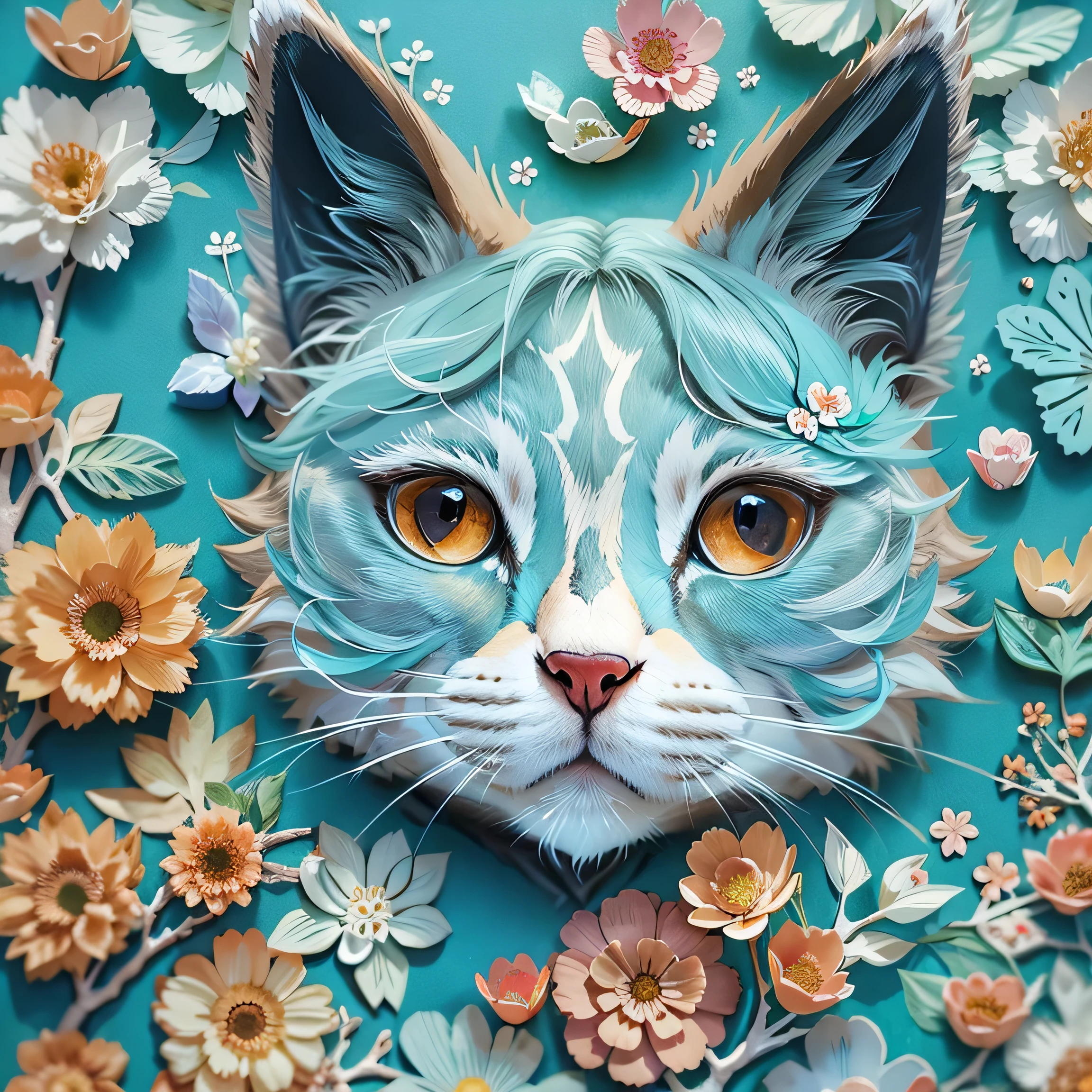 There is a cut-out cat with flowers on a blue background., Detailed painting by Zofia Strzyńska, Trend with poly count, fur art, Paper Art, Made of paper, layered Paper Art, Paper Art, Cat Details, Cute and detailed artwork, Made of paper, Paper cutting art, Cute and detailed digital art, Cat Design, made of flowers