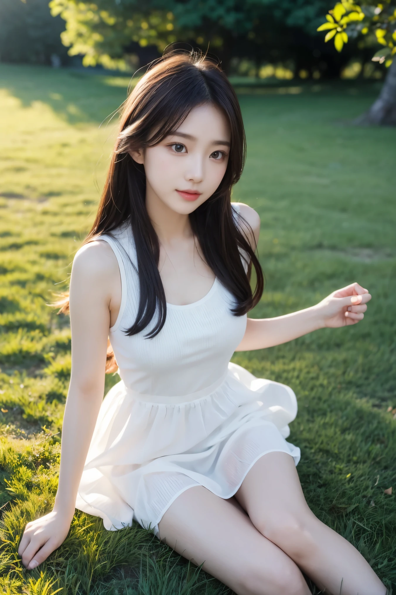 ，masterpiece, best quality，8k, ultra highres，Reallightandshadow，Cinema lenses，(beautidful eyes:1.1)， ((medium shot the scene is，The upper part of the body))，dynamicposes，On a green meadow，A gentle goddess came with a gentle step。She wore a white dress，A gentle breeze blows，The skirt dances lightly。The sun shines through the leaves on her hair，Reflecting her clear eyes and gentle smile。Colorful butterflies flew around her，Flowers bloomed at her feet，It was as if nature was cheering for her。