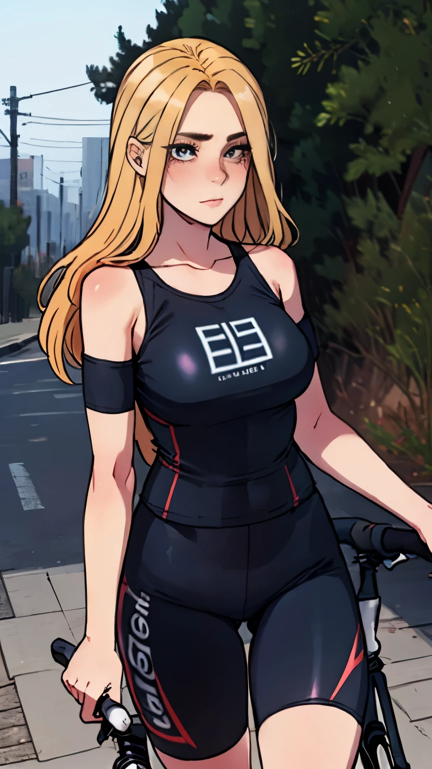A girl with long blond hair in a loose T-shirt falling off her shoulders and cycling shorts