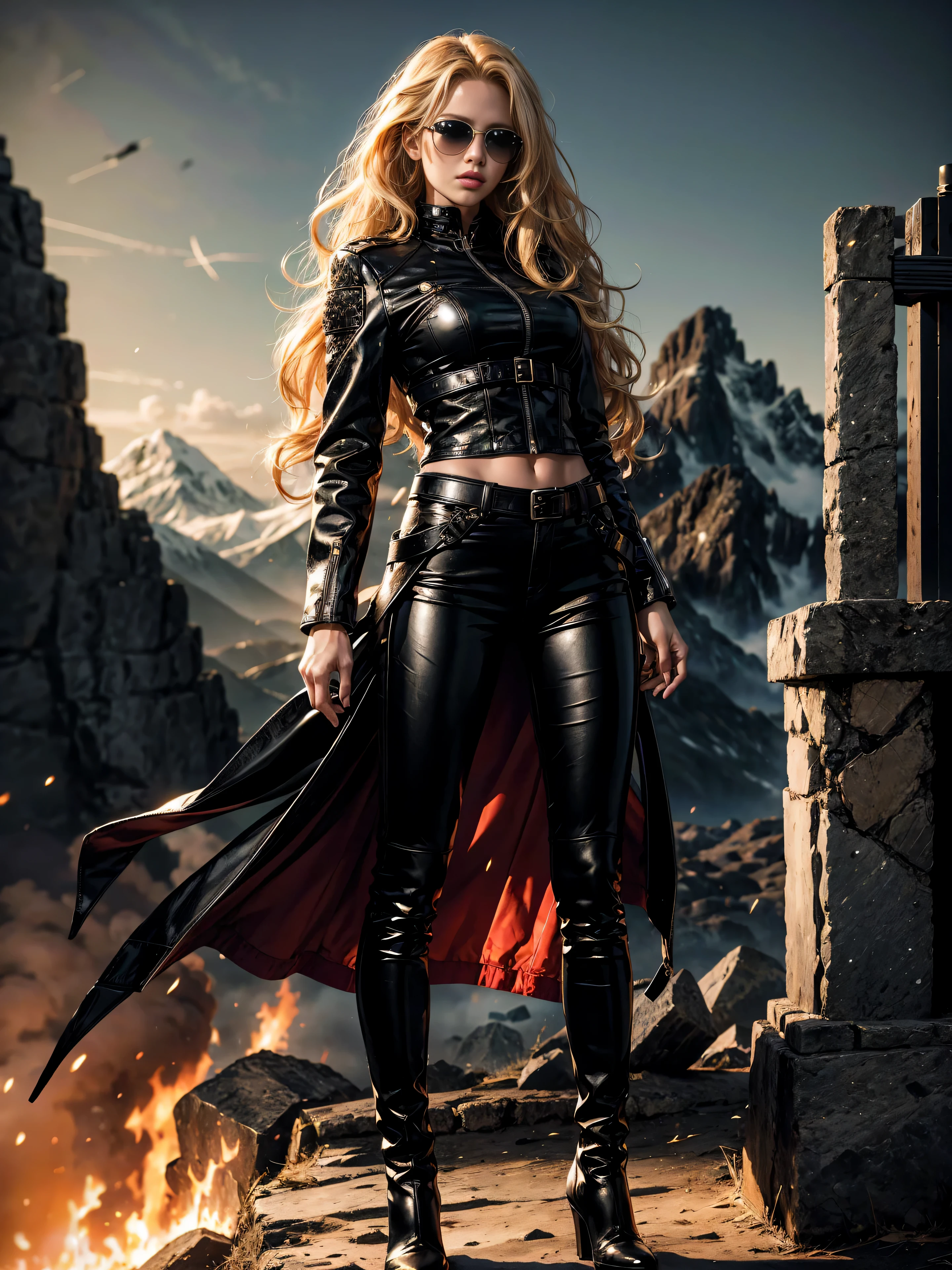 1girl, Long curly blonde hair, The eyes are green, wearing a black leather jacket, Black Leather Long Pants, Black Boots, hight resolution, Ultra-spicy, 8K, Masterpiece, looking a viewer, full-length photo, A great scene, Epic Scenes, luna, fire, warrior, mountains, hero, Black sunglasses