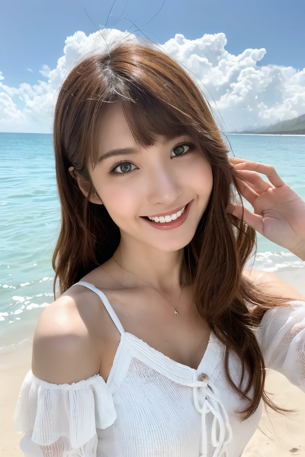 (8k、Raw photo、highest quality、masterpiece:1.2),((((((Two Girls,duo,Caress,At the Beach)))))),、Super detailed、Super Resolution、(Ultra-realistic:1.4)、（Blowing a kiss as a camera）From the above、Camera shot from above、Shooting from a top camera angle、I look at this with my eyes、Arms stretched out、spread both arms wide、Use high-quality images taken from the sky with a camera、(Beach girl single digit:1.3)、、Offshore Girls（Dreamy lighting）Head to waist、、White skin、color proofreading for white woman、Ultra HD、、Beautiful woman proofreading against the light、Amazing details、Highly detailed beautiful girls、(Various patterns of faces 1:1.2)、(Various facial expressions of emotion 1:1.3)、Each hairstyle has its own characteristics、color々Hairstyle、color々The hair color shines with a beautiful luster.、I love fishing on a boat.、Shiny brown hair、One of them has a ponytail、、Modern and cute girl、Highly detailed face、Highly detailed eyes、Extremely realistic skin、 Highly detailed fingers, Highly detailed nose, Highly detailed mouth, Perfect Anatomy, (Off-the-shoulder Lolita outfit 1:1.2)、、Sparkling hair details、Smile with hot teeth、Realistic body, White skin, Glowing Skin, The body is slim, Straight long hair, (Blunt bangs:1.2), , nixeu and sakimichan, 2 times, seifuku, sakimichan, Promotional Steel, Larisa Manovar, Alena Aenami and Lilia Alvarado