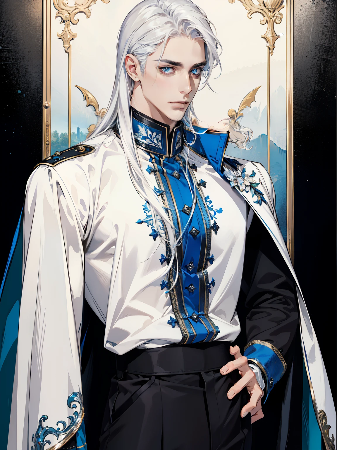 (masterpiece, best quality:1.2), (absurd res, high res, ultra detailed), 1 male, adult, handsome, tall muscular guy, broad shoulders, shiny white hair, finely detailed eyes, portrait, looking at viewer, solo, half shot, detailed background, detailed face, (gothic), high fantasy, look at camera, sliver long hair, perfect detailed face, perfect detailed hands, king, opal blue eyes, depicting delicate facial features, white uniform, blue cape, small earrings, black pants