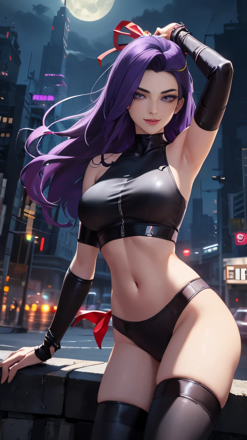 (Highly quality, masterpiece, detailed), night city detailed scenario, night city detailed background, 20 years old girl, solo, Psylocke_mains, long hair, smile, red ribbon, black crop top, medium breasts, purple eyes, purple hair, navel, perfect face, beautiful eyes, looking at the viewer, Sexy pose