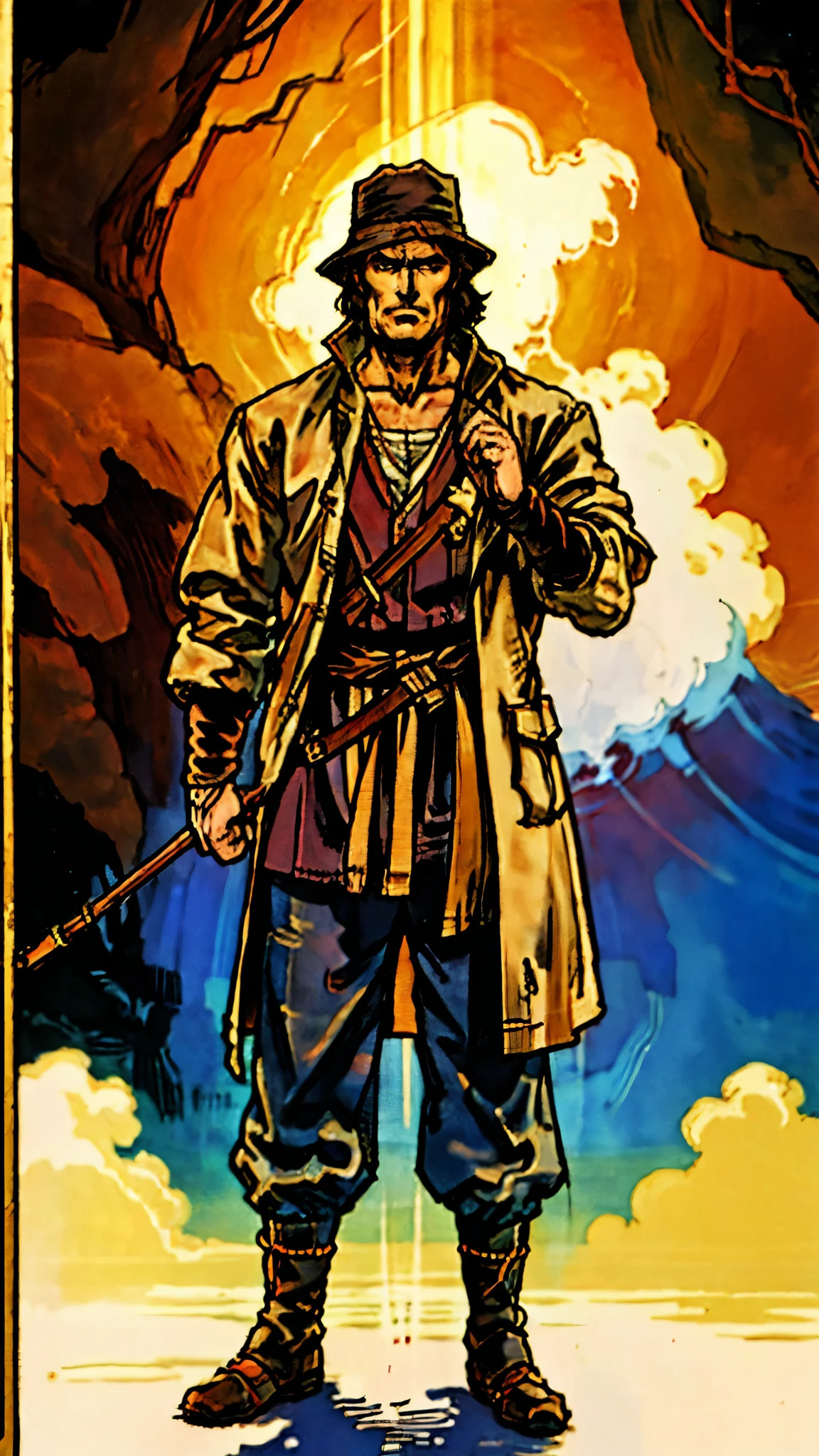 A middle-aged man, wearing a round felt hat, messy bangs, thick eyebrows, downturned triangular eyes, slender face, a fantasy ethnic-style multi-layered thick cotton padded jacket, a thickened collar design, coarse cloth trousers, his hands are clasped in front of him, he stands with his head bowed, the backdrop of a fantasy-style border outpost, this character embodies a finely crafted fantasy-style border nomadic people in anime style, exquisite and mature manga art style, mature male, high definition, best quality, highres, ultra-detailed, ultra-fine painting, extremely delicate, professional, perfect body proportions, golden ratio, anatomically correct, symmetrical face, extremely detailed eyes and face, high quality eyes, creativity, RAW photo, UHD, 32k, Natural light, cinematic lighting, masterpiece-anatomy-perfect, masterpiece:1.5