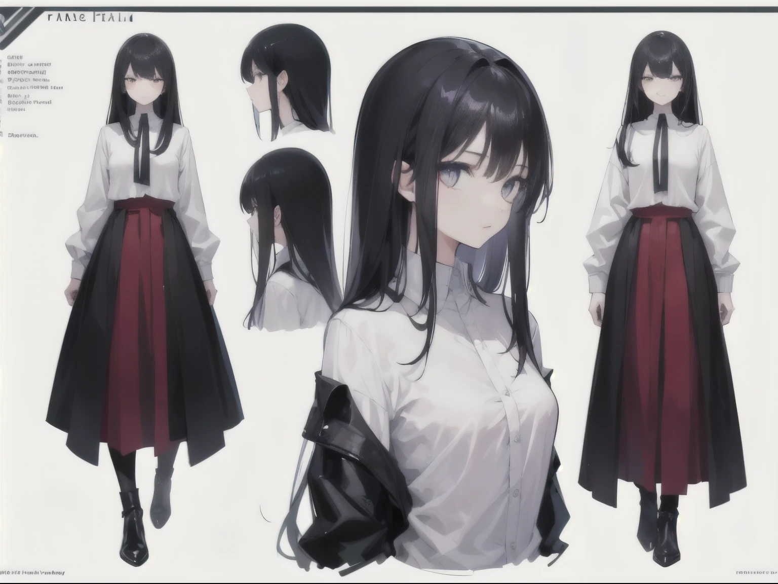 masterpiece, highest quality)), Detailed face, Character Sheets, whole body, Full of details, Various poses and expressions, Front view,Side view,Rear view, Character Sheet,Very detailed, depth, Many parts,black hair girl,Thin body type,My hair is messy,Long Hair,Small face,Emaciated,White oversized shirt long sleeve,shabby,free fall hair long,Face is dark,Emaciated,Extremely small breasts