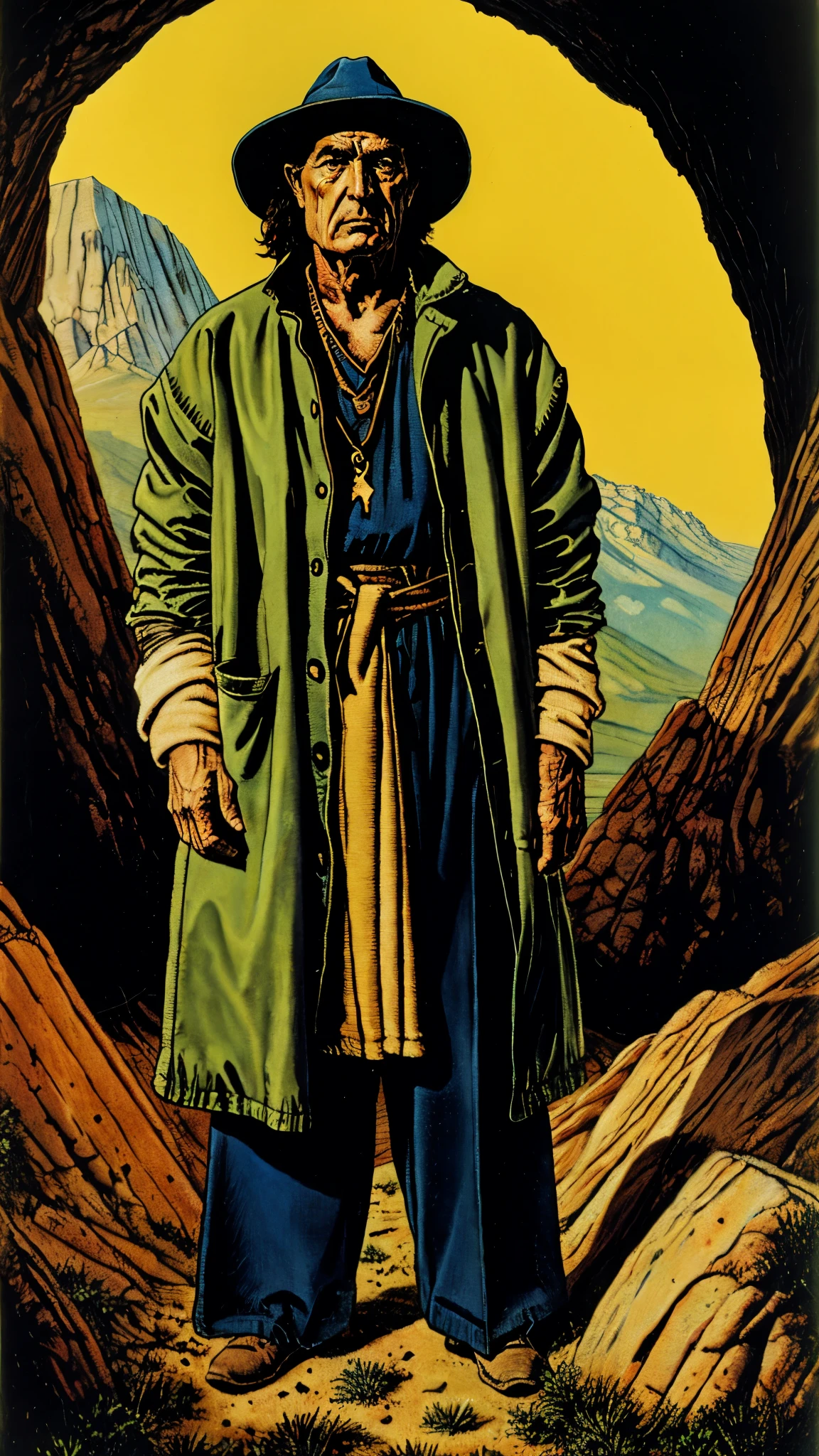 A middle-aged man, wearing a round felt hat, messy bangs, thick eyebrows, downturned triangular eyes, slender face, a fantasy ethnic-style multi-layered thick cotton padded jacket, a thickened collar design, coarse cloth trousers, his hands are clasped in front of him, he stands with his head bowed, the backdrop of a fantasy-style border outpost, this character embodies a finely crafted fantasy-style border nomadic people in anime style, exquisite and mature manga art style, mature male, high definition, best quality, highres, ultra-detailed, ultra-fine painting, extremely delicate, professional, perfect body proportions, golden ratio, anatomically correct, symmetrical face, extremely detailed eyes and face, high quality eyes, creativity, RAW photo, UHD, 32k, Natural light, cinematic lighting, masterpiece-anatomy-perfect, masterpiece:1.5