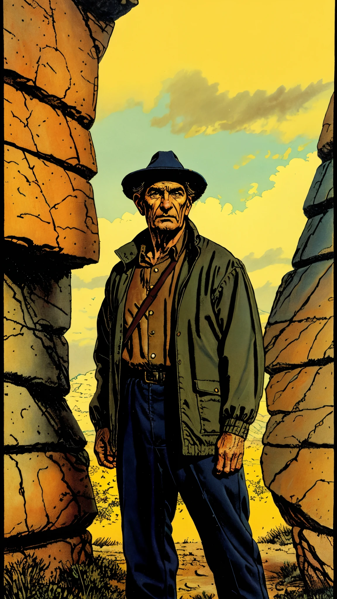 A middle-aged man, wearing a round felt hat, messy bangs, thick eyebrows, downturned triangular eyes, slender face, a fantasy ethnic-style multi-layered thick cotton padded jacket, a thickened collar design, coarse cloth trousers, his hands are clasped in front of him, he stands with his head bowed, the backdrop of a fantasy-style border outpost, this character embodies a finely crafted fantasy-style border nomadic people in anime style, exquisite and mature manga art style, mature male, high definition, best quality, highres, ultra-detailed, ultra-fine painting, extremely delicate, professional, perfect body proportions, golden ratio, anatomically correct, symmetrical face, extremely detailed eyes and face, high quality eyes, creativity, RAW photo, UHD, 32k, Natural light, cinematic lighting, masterpiece-anatomy-perfect, masterpiece:1.5