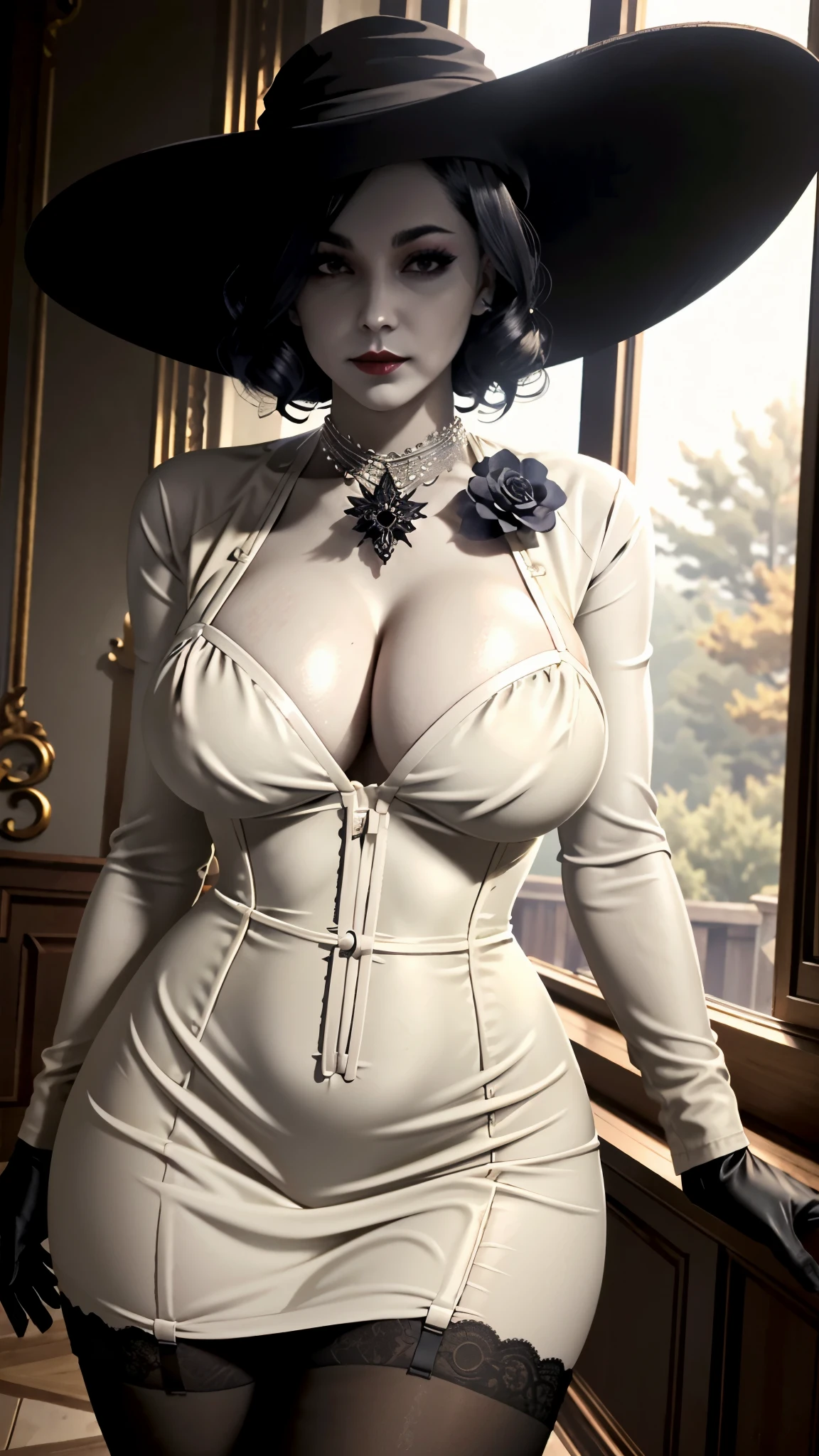 (masterpiece, best quality)
1girl, LadyDimitrescu, light skin, black hair, pale skin, breasts, thighhighs, hat, garter straps, solo, makeup, large breasts, lipstick, red lips, jewelry, gothic, flower, black lips, underwear, thighs, lace, black thighhighs, necklace, lace-trimmed legwear, cleavage, looking at viewer, thick thighs, lace trim, short hair, black headwear, lingerie, sun hat, curvy, black flower, corset, gloves, dress