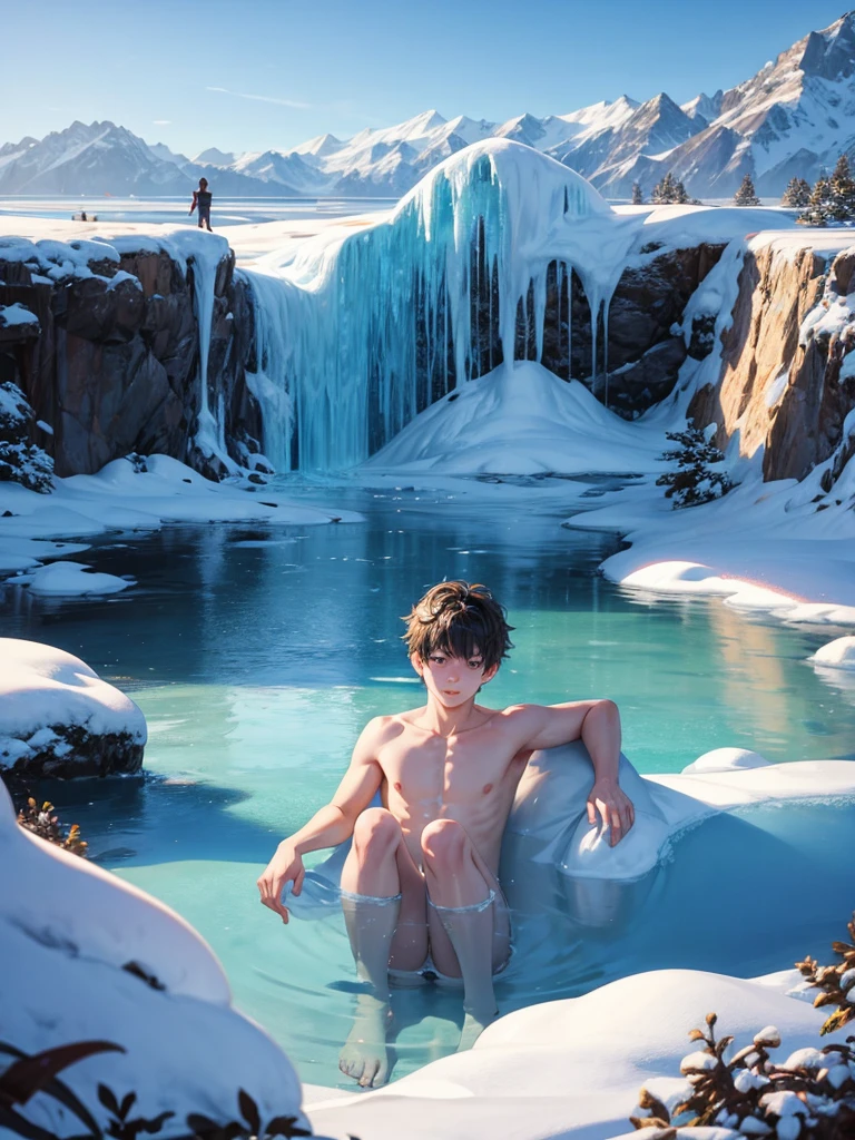 Seven naked 16 year old male boys playing in frozen lagoon