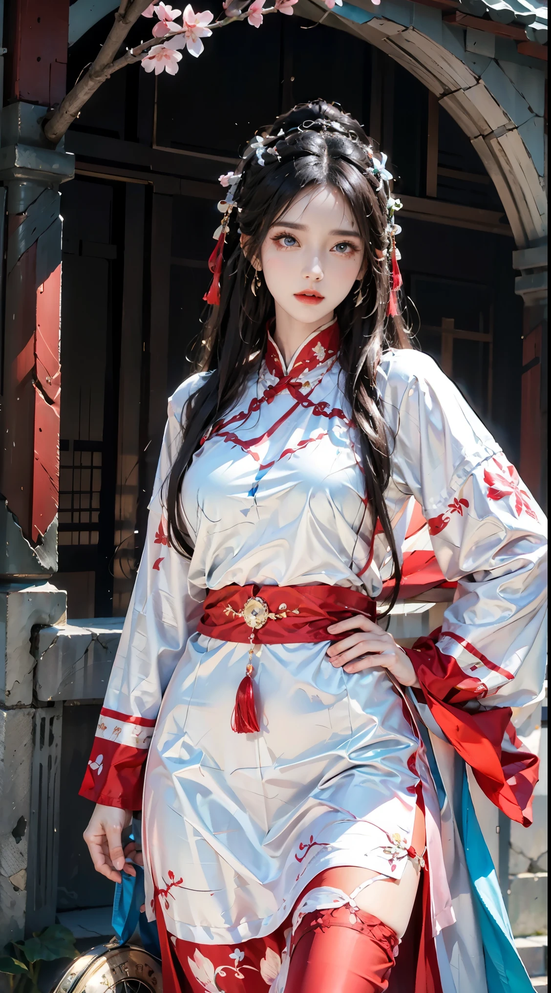 photorealistic, high resolution, 1women, shining skin, solo, jewelry, pink lips, long white hair, blue eyes, closed mouth, hips up, sexy hanfu, cherry blossoms