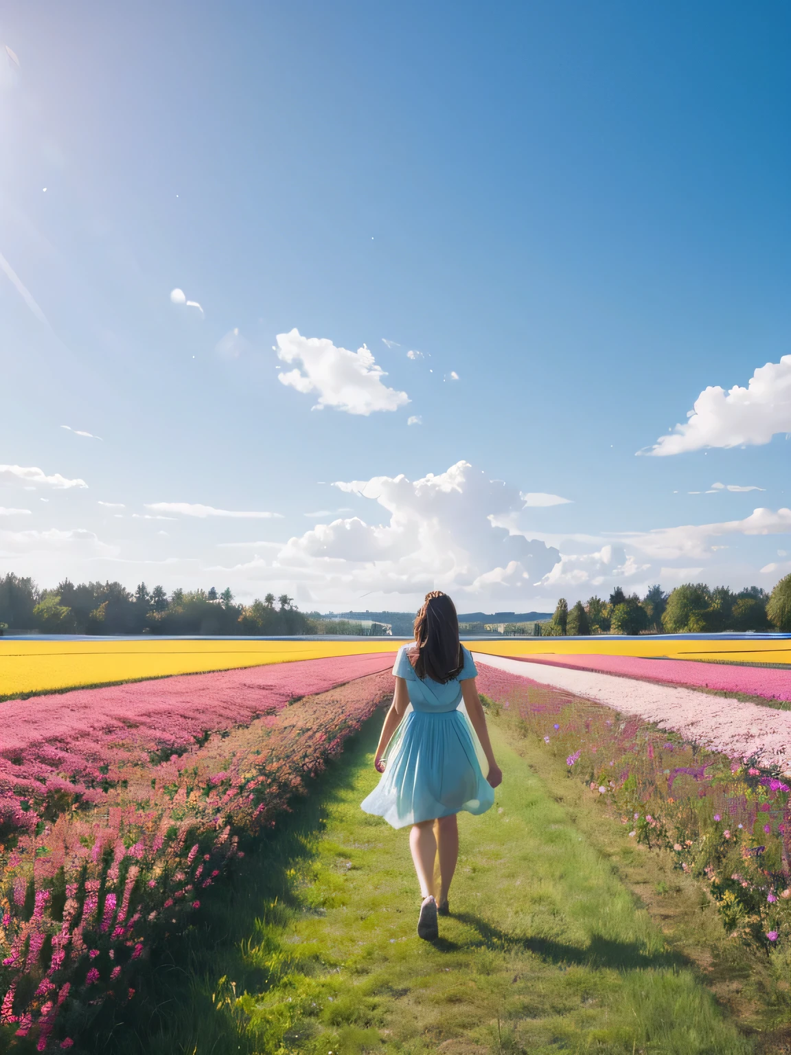 There is a girl standing in a flower field looking up at the sky, a girl standing in a flower field, a girl walking in a flower field, lost in a dreamy wonderland, standing in a flower field, fantastic digital painting, the sky gradually clears, the starry sky gradually recedes