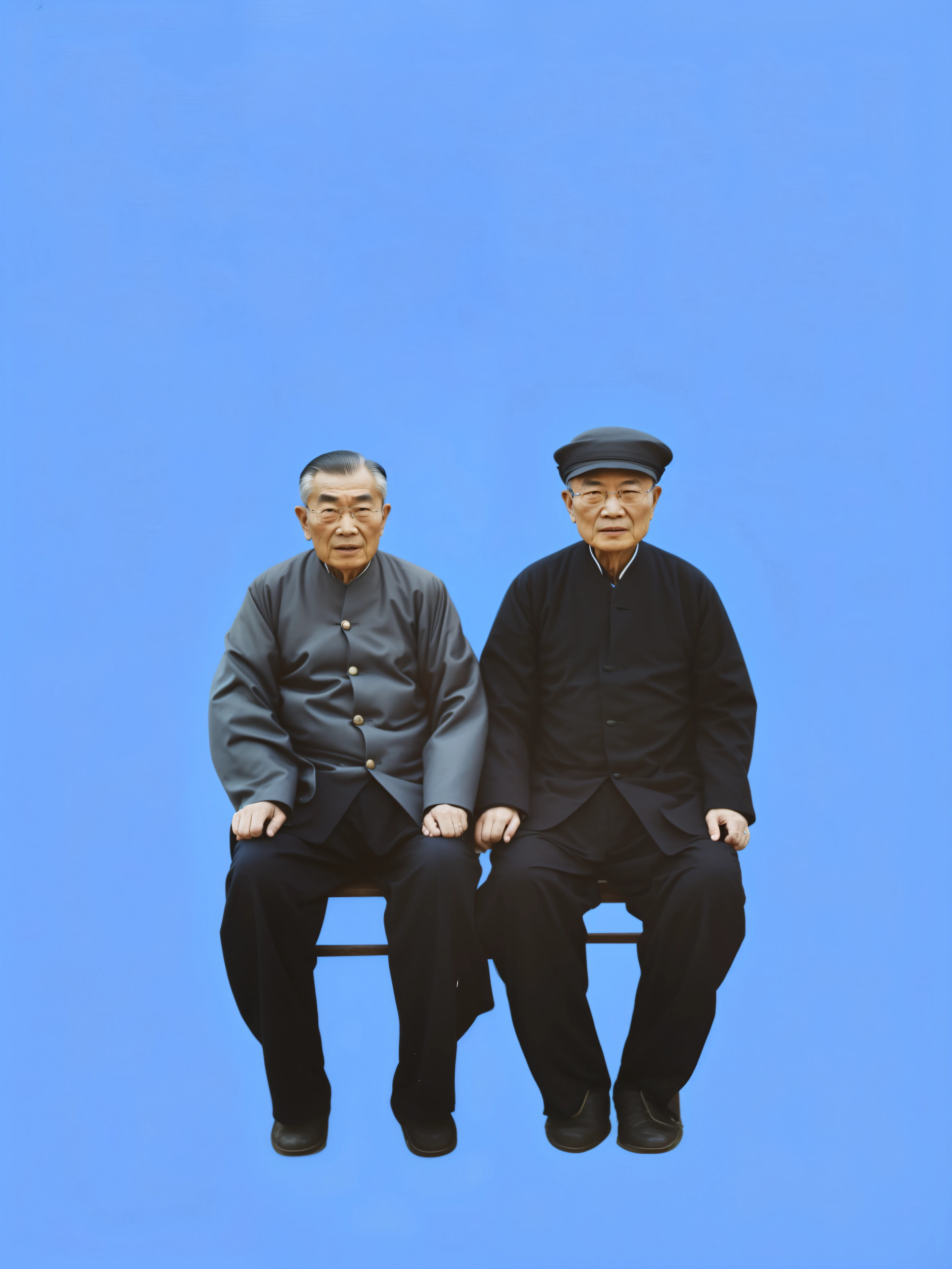 On a blue background,Two people sitting together on a bench, Two thin old men, Two old couples,CoupleRuan Jia and Fenghua Zhong, ren xun and maruyama ōkyo, Scanned photos, By Fei Danxu, gujian, zhuoxin ye, by Fang Congyi, Two emaciated old figures, author:ZHANG Kechun