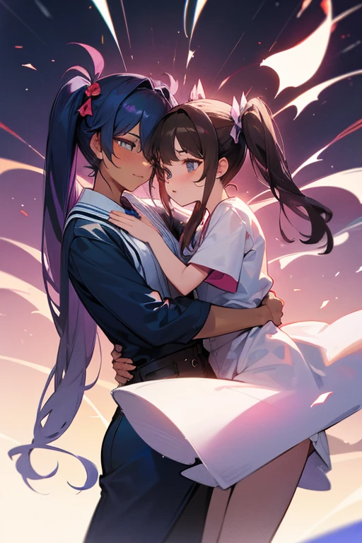 Anime couple in school uniform, anime style 4 K, anime wallpaper 4 K, anime wallpaper 8 K, 4K anime wallpaper, anime art wallpaper 4 K, anime art wallpaper 4K, 4K manga wallpaper, Gwaitz, Los Tran and Makoto Shinkai style artwork, female and female couples hugging each other as the starry sky sparkles, (kiss:1.5), Capture the moment of exchanging kisses. The scene is depicted in an anime-inspired style, meticulously drawn in every detail and presented in 16k high resolution. The lighting is fantastic, with the intersection of starlight and moonlight, softly illuminating the couple. The colors take advantage of the contrast between the vivid colors of the yukata and the deep blue and white of the starry sky. For compositions, use a medium telephoto lens and make sure the couple is centered on the screen. , shooting stars, detailed facial details