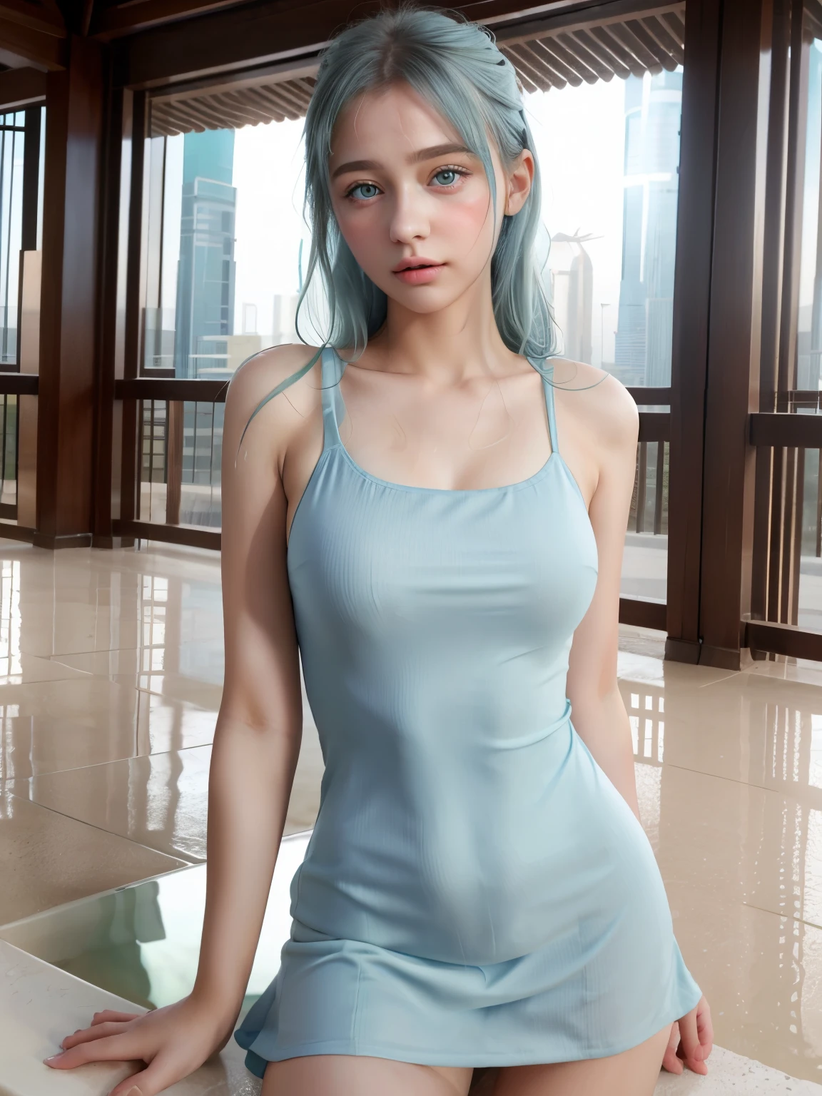 (8k), (highest quality), (Best details)Drenched in heavy rain in Dubai desert、sky blue hair、Green Eyes、Cute French girl、Wearing a one-piece dress