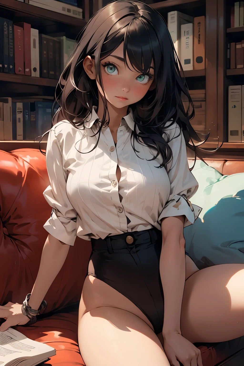 1girl, long black hair, green eyes, wearing thin plain white shirt showing breast silhouette, in panties lying on the sofa reading a book, high resolution, ultra-clear, 8K, masterpiece, looking at the viewer