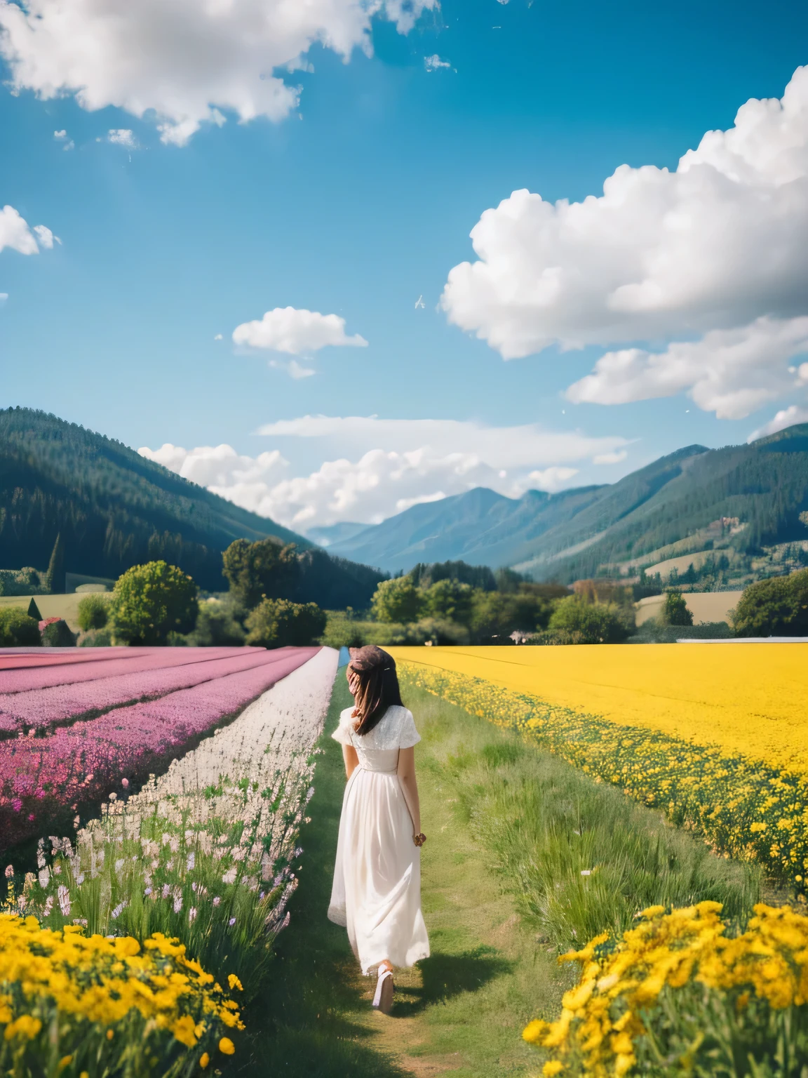 There is a girl standing in a flower field looking up at the sky, a girl standing in a flower field, a girl walking in a flower field, lost in a dreamy wonderland, standing in a flower field, fantastic digital painting, the sky gradually clears, the starry sky gradually recedes  