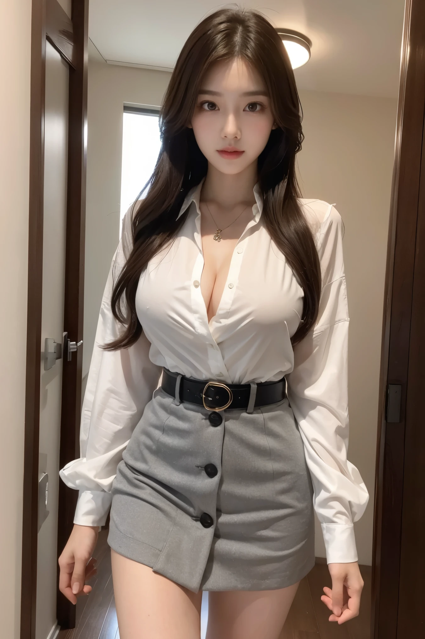 (Best Quality, High Resolution, Masterpiece: 1.3), A tall and beautiful woman, slender abs, dark brown hair in loose wavy styling, big breasts: 2, wearing pendant, white button-down shirt, belt, black skirt, (modern architecture in the background), beautifully presented details in face and skin texture, detailed eyes, double eyelids