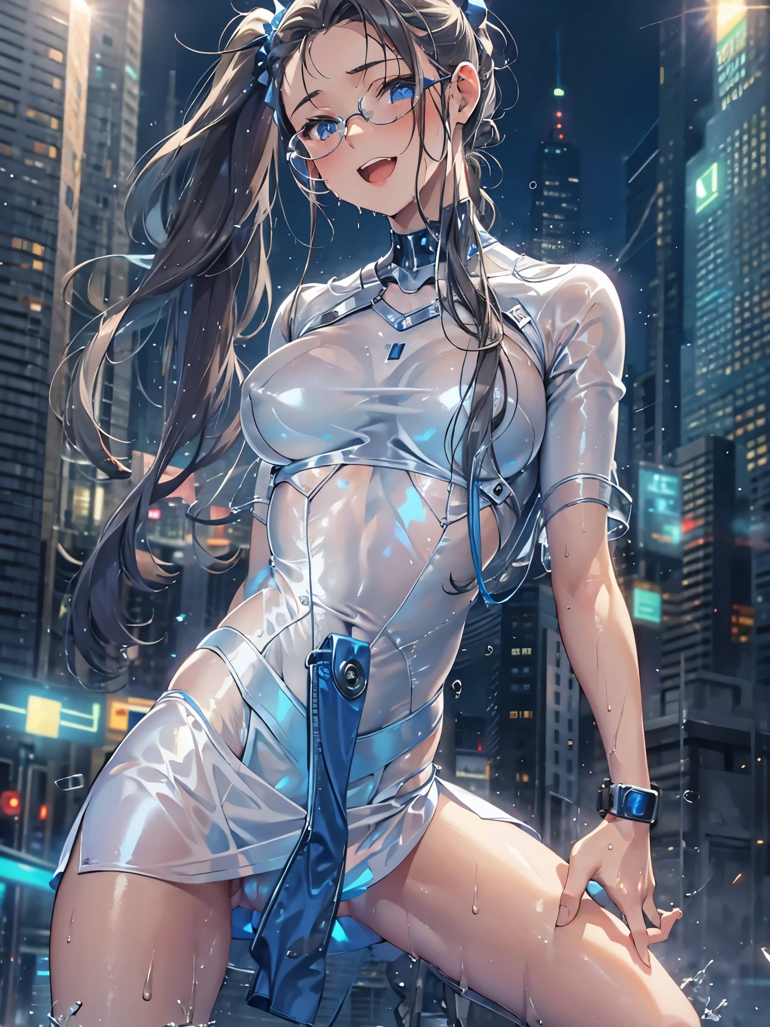 woman,,,city,night,(((white and blue tight miniskirt bodysuit))),(Wet with sweat),Open mouth smiling((See-through))Glasses,((beautiful long ponytail)),((baby girl bo)