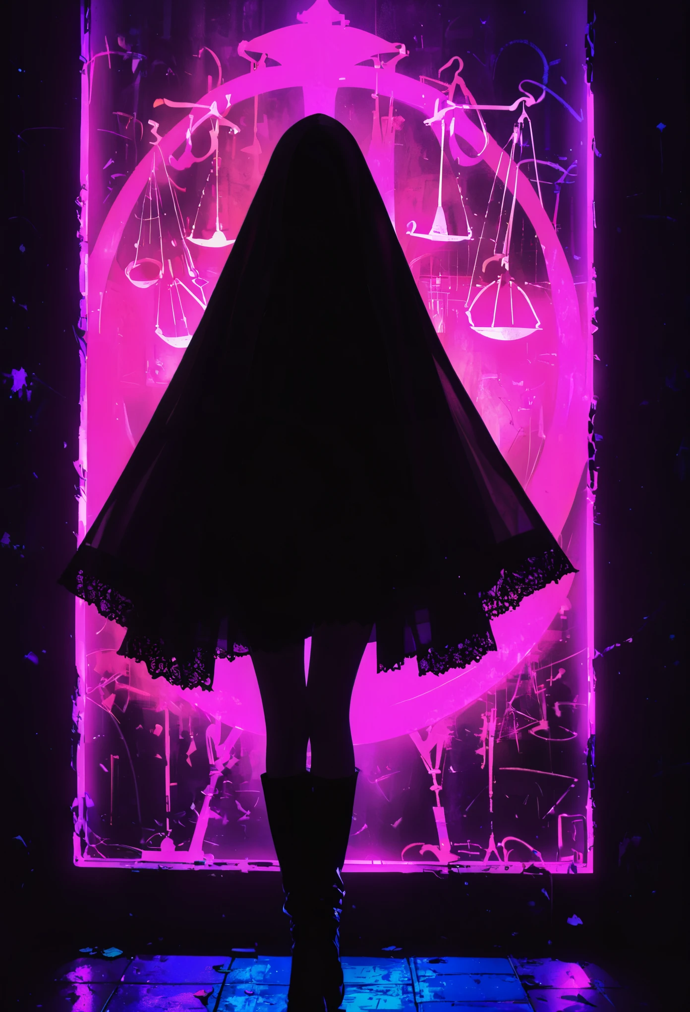 (Portrait of a mysterious Libra:3.0),indoor,Fluorescent illumination, (((Darkness shrouded, black background, shadow, extreme darkness, Dark atmosphere:1.8))),,Wall background,black background,silhouette,shadow,extreme darkness,Minimalist graffiti style background,Fluorescent pink eye graffiti,Dark atmosphere,cowboy shot,1girl,(shortest Short shirt cutting1.8),huge Breast,underboob,blurred background,Blurred foreground,Pink fluorescent hair,Fluorescent pink eyes,Hand raised and touching hair,long hair,Messy hair,Low rise denim shorts,Over-the-knee boots,pink eye shadow,Ruined eyeshadow,Poker face