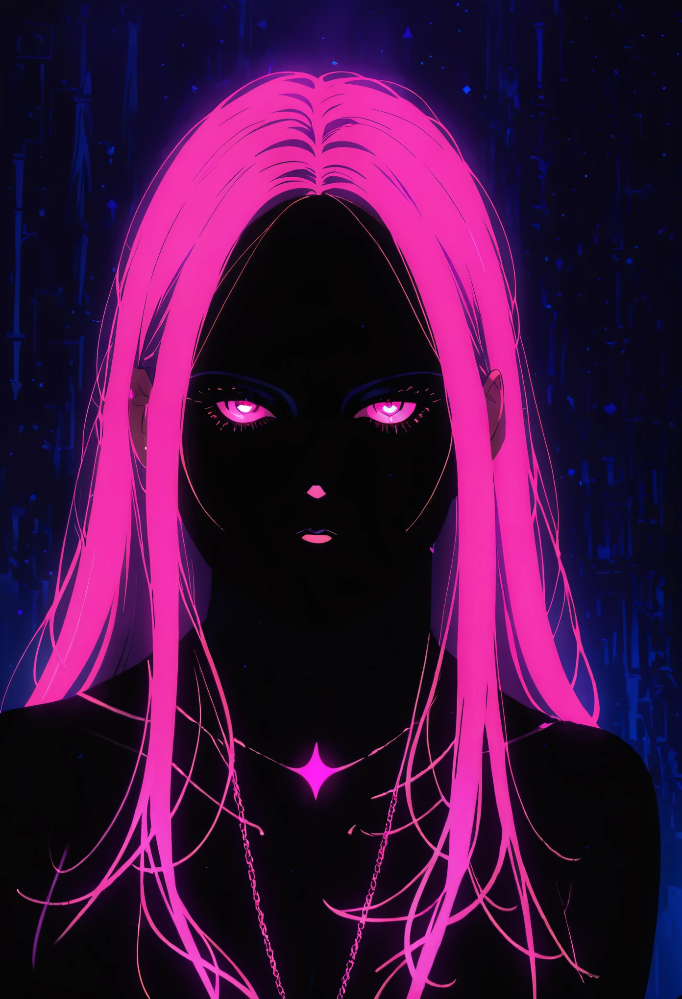 (Portrait of a mysterious Libra:3.0),indoor,Fluorescent illumination, (((Darkness shrouded, black background, shadow, extreme darkness, Dark atmosphere:1.8))),,Wall background,black background,silhouette,shadow,extreme darkness,Minimalist graffiti style background,Fluorescent pink eye graffiti,Dark atmosphere,cowboy shot,1girl,(shortest Short shirt cutting1.8),huge Breast,underboob,blurred background,Blurred foreground,Pink fluorescent hair,Fluorescent pink eyes,Hand raised and touching hair,long hair,Messy hair,Low rise denim shorts,Over-the-knee boots,pink eye shadow,Ruined eyeshadow,Poker face
