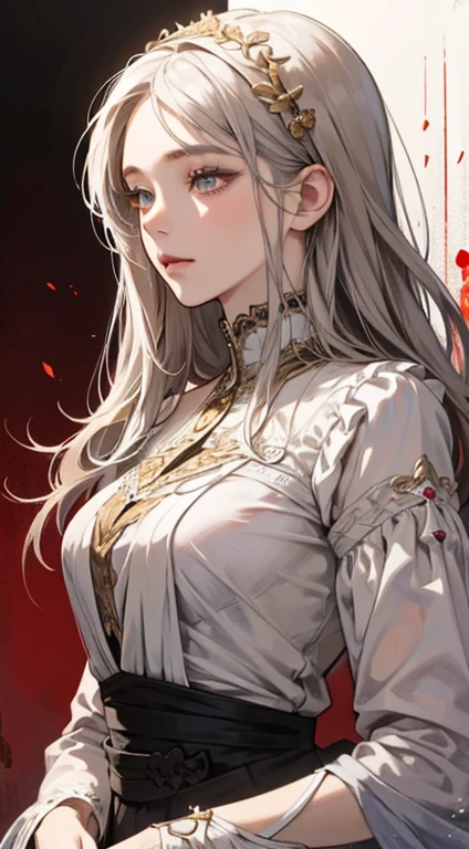 A painting of a woman with gray hair and an orange top, stunning anime face portrait, beautiful character painting, beautiful anime portrait, her image is rendered by red paint, presenting a stunning effect. The painting is very detailed, depicting women's faces and clothing. Her face has a creamy dripping effect, which makes the whole face more vivid. She wears a beautiful detailed outfit with pale gray hair. The proportions are accurate, and the costumes of the female characters are traditionally dressed, showing a classical charm.