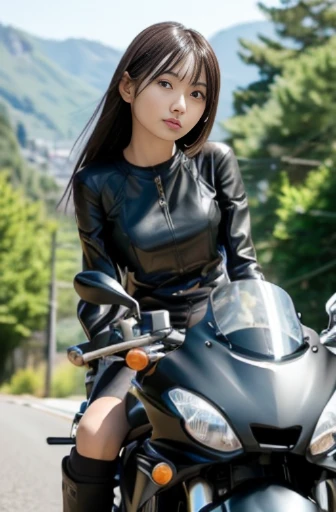 best quality, detailed, beautiful, insanely detailed, absurdres,perfect anatomy, Japanese woman,black hair,27 years old, (slender), (small breasts),(long exposure:1.0), full body shot, (Riding a motorcycle in a forward leaning position:1.2), speeding down a straight road, (dynamic angle:1.3)
